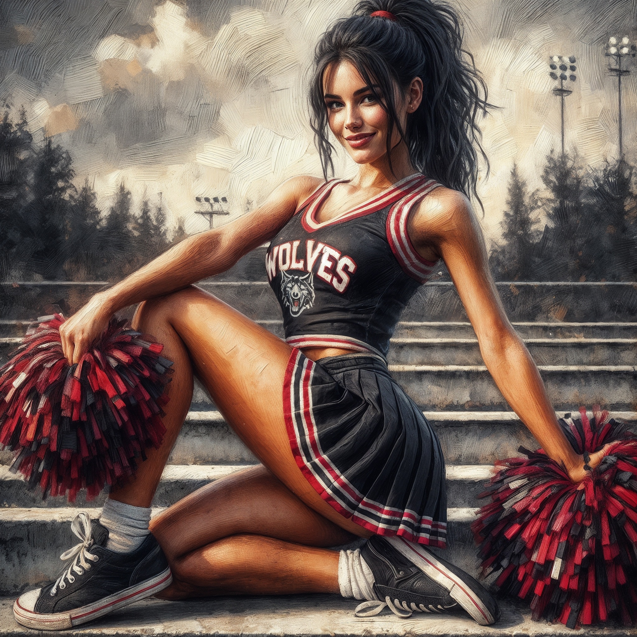 Cheerleader - Арты нейросетей, Иллюстрации, Арт, Lady, Dall-e, Чирлидинг, Школа, Обои на телефон, Обои на рабочий стол, Персонажи, Game Art, Длиннопост