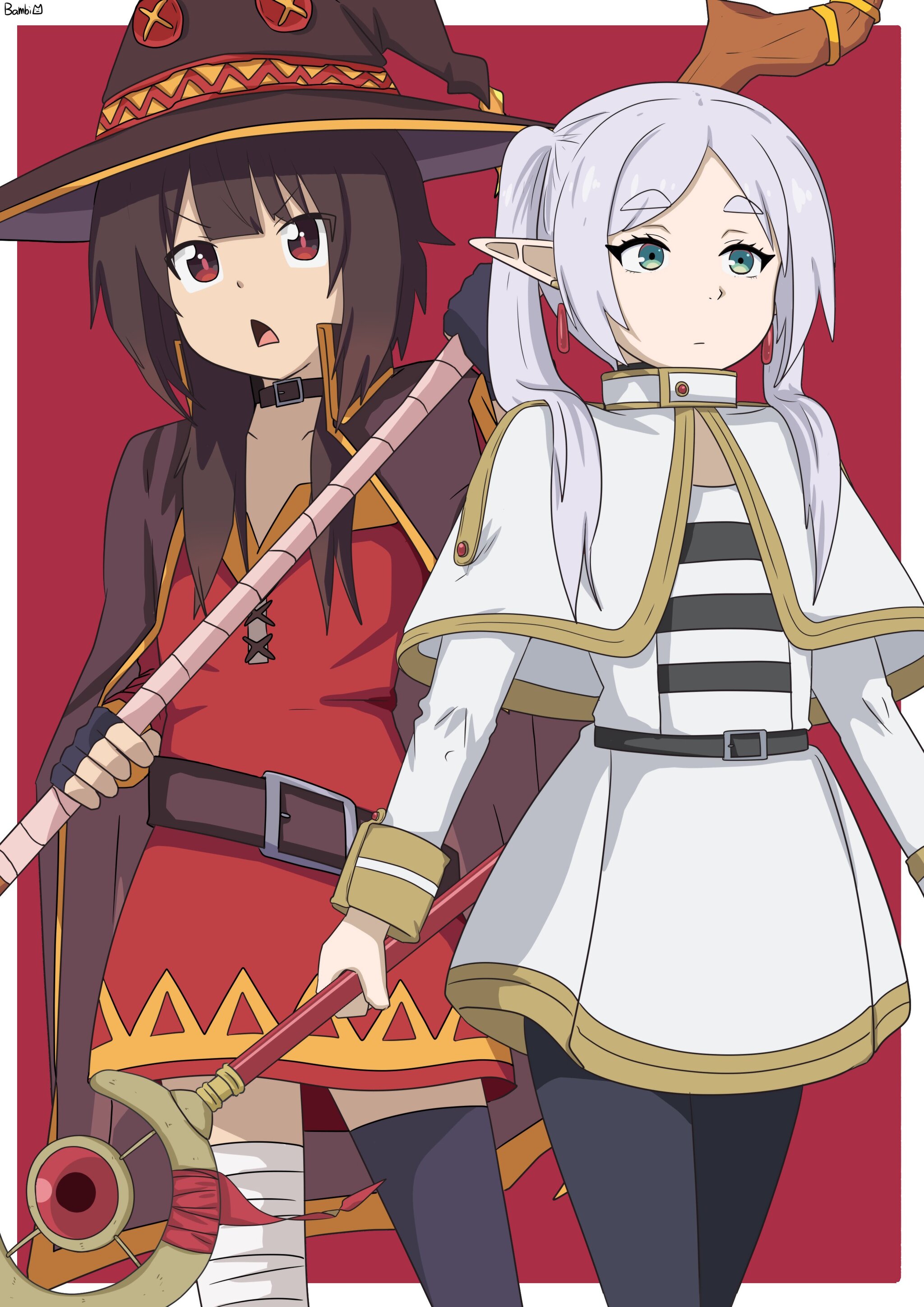 Where is this duo going?) - Anime, Anime art, Frieren, Megumin, Sousou no Frieren, Konosuba, Crossover