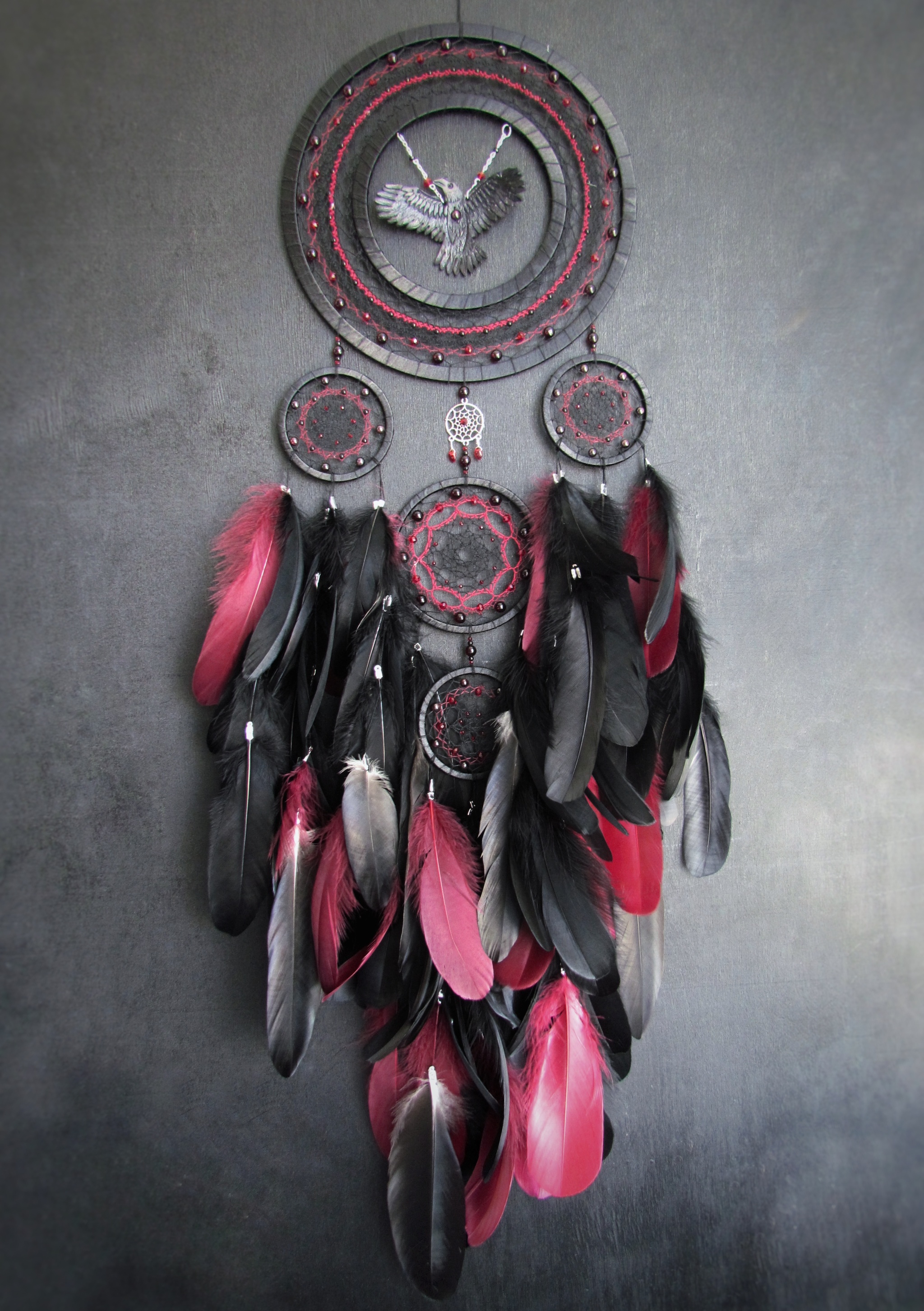 Dreamcatcher Raven - My, Crow, Dreamcatcher, Gothic, Feathers, Mill Group, Amulet, Unusual, Needlework, Needlework without process, Handmade, With your own hands, Hobby, Design, Interior Design, Longpost