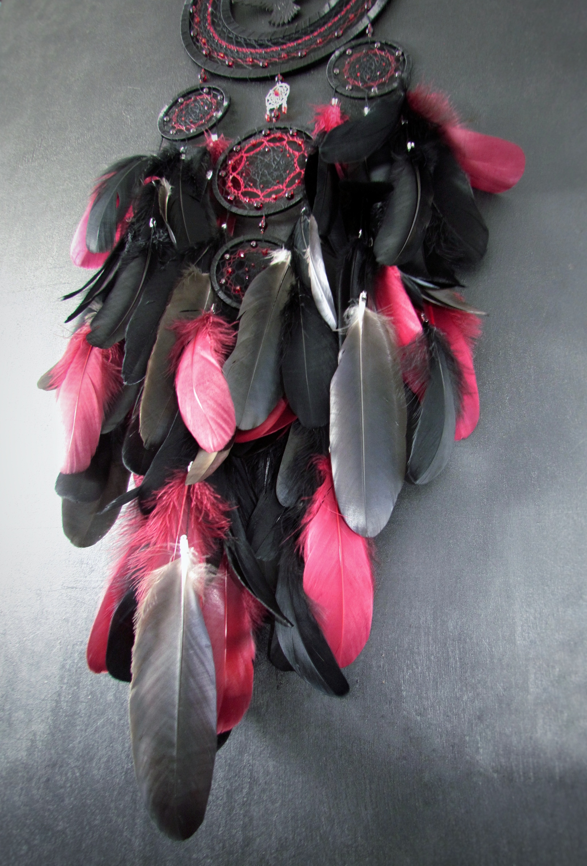 Dreamcatcher Raven - My, Crow, Dreamcatcher, Gothic, Feathers, Mill Group, Amulet, Unusual, Needlework, Needlework without process, Handmade, With your own hands, Hobby, Design, Interior Design, Longpost