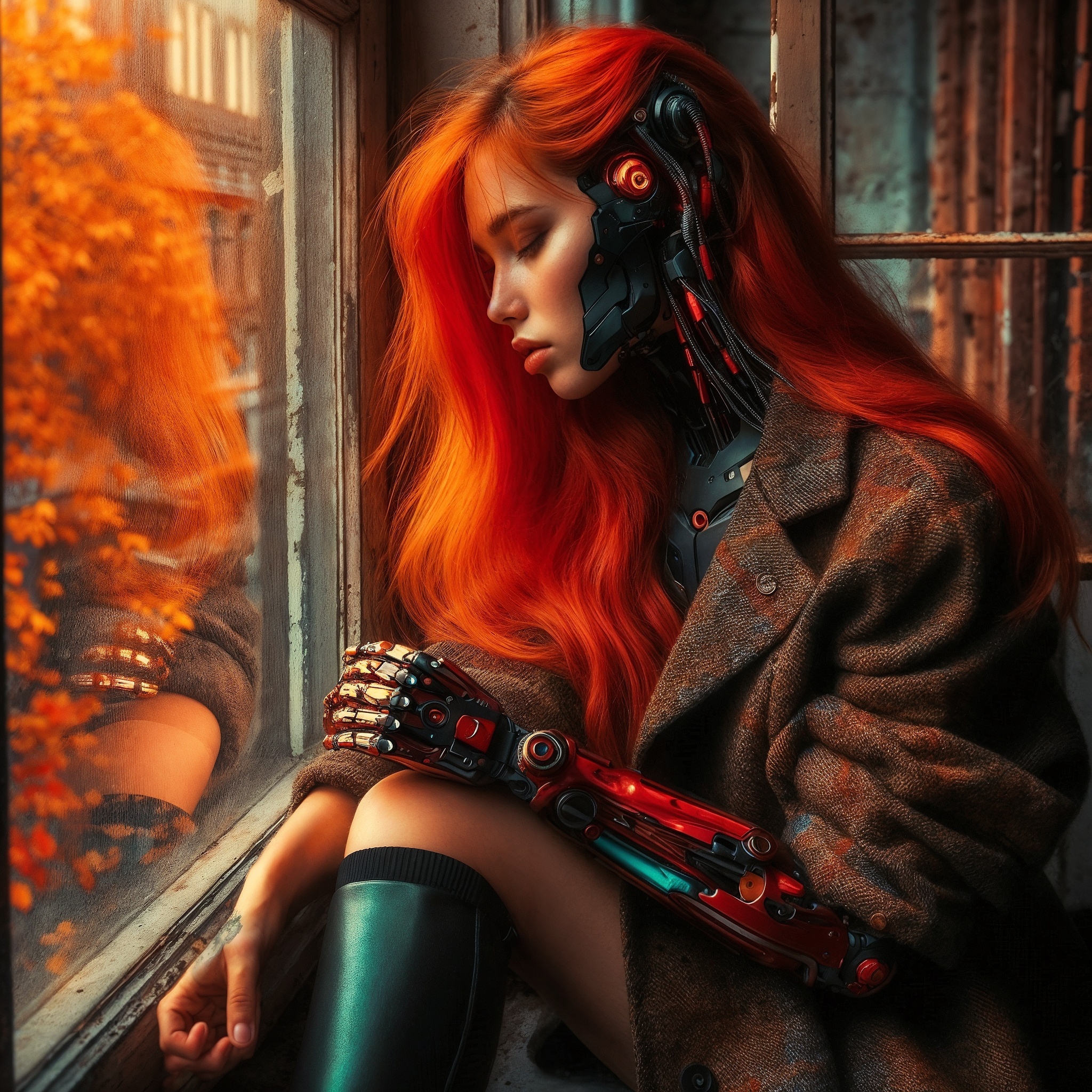 Autumn - Neural network art, Illustrations, Art, Lady, Dall-e, Autumn, Autumn leaves, Cyberpunk, Phone wallpaper, Desktop wallpaper, 2D, Longpost