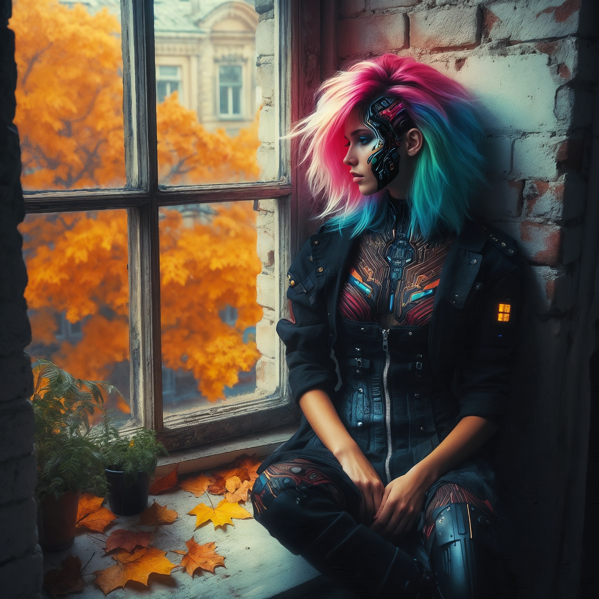 Autumn - Neural network art, Illustrations, Art, Lady, Dall-e, Autumn, Autumn leaves, Cyberpunk, Phone wallpaper, Desktop wallpaper, 2D, Longpost