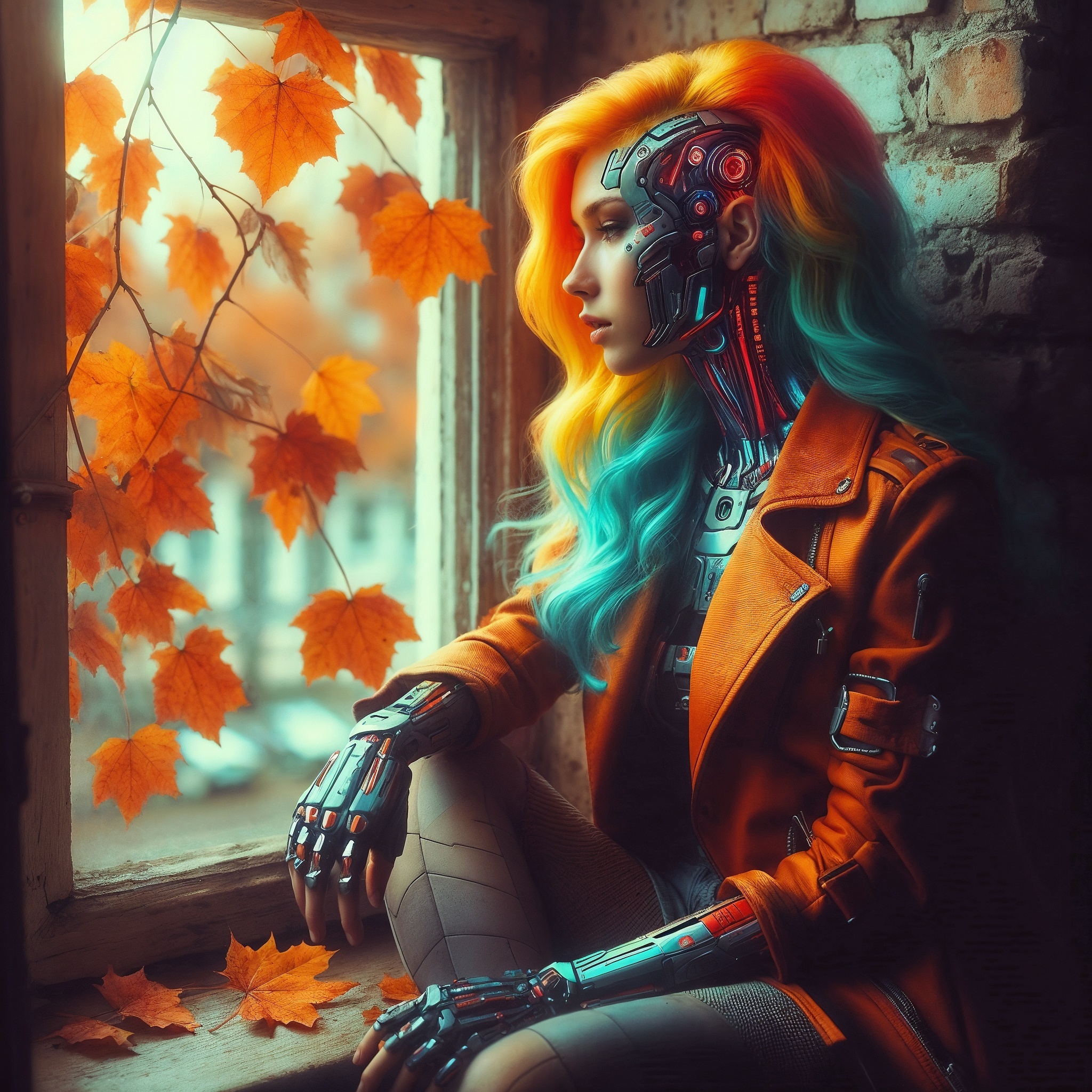 Autumn - Neural network art, Illustrations, Art, Lady, Dall-e, Autumn, Autumn leaves, Cyberpunk, Phone wallpaper, Desktop wallpaper, 2D, Longpost