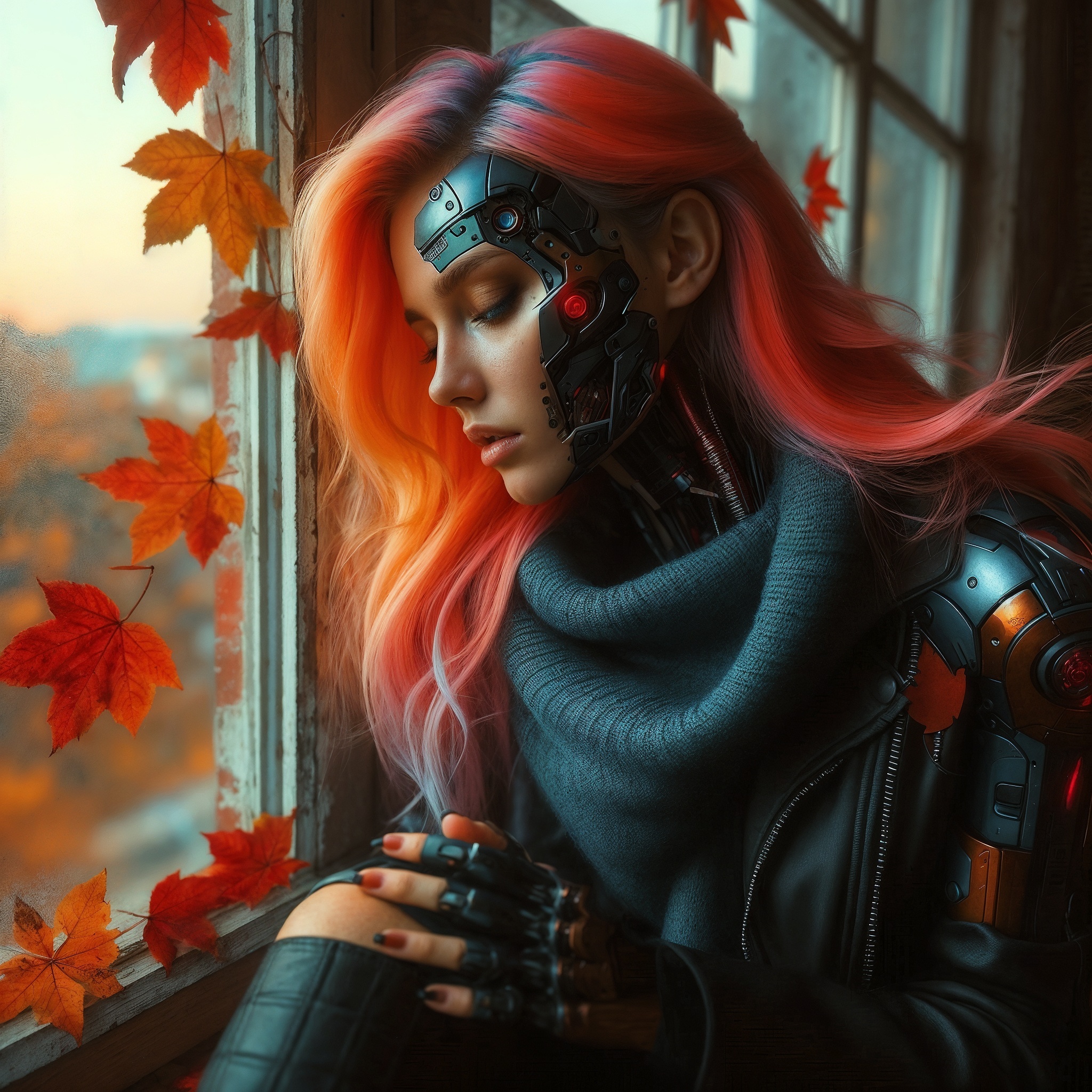 Autumn - Neural network art, Illustrations, Art, Lady, Dall-e, Autumn, Autumn leaves, Cyberpunk, Phone wallpaper, Desktop wallpaper, 2D, Longpost