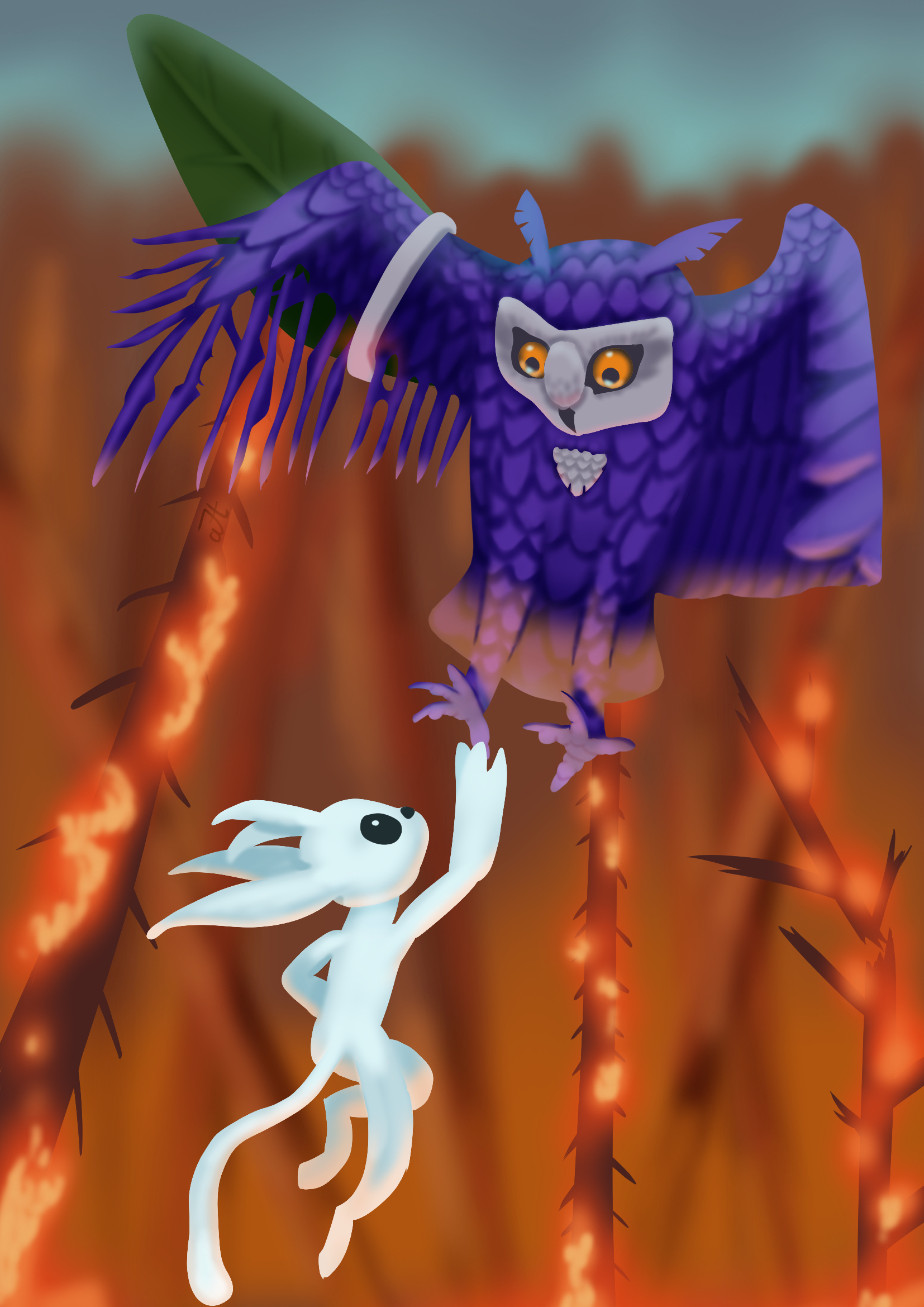 My drawing: Ori, Ku, and the burning forest - My, Ori, Art, Ori and the Will of the Wisps, Drawing, Digital drawing, Clip Studio Paint