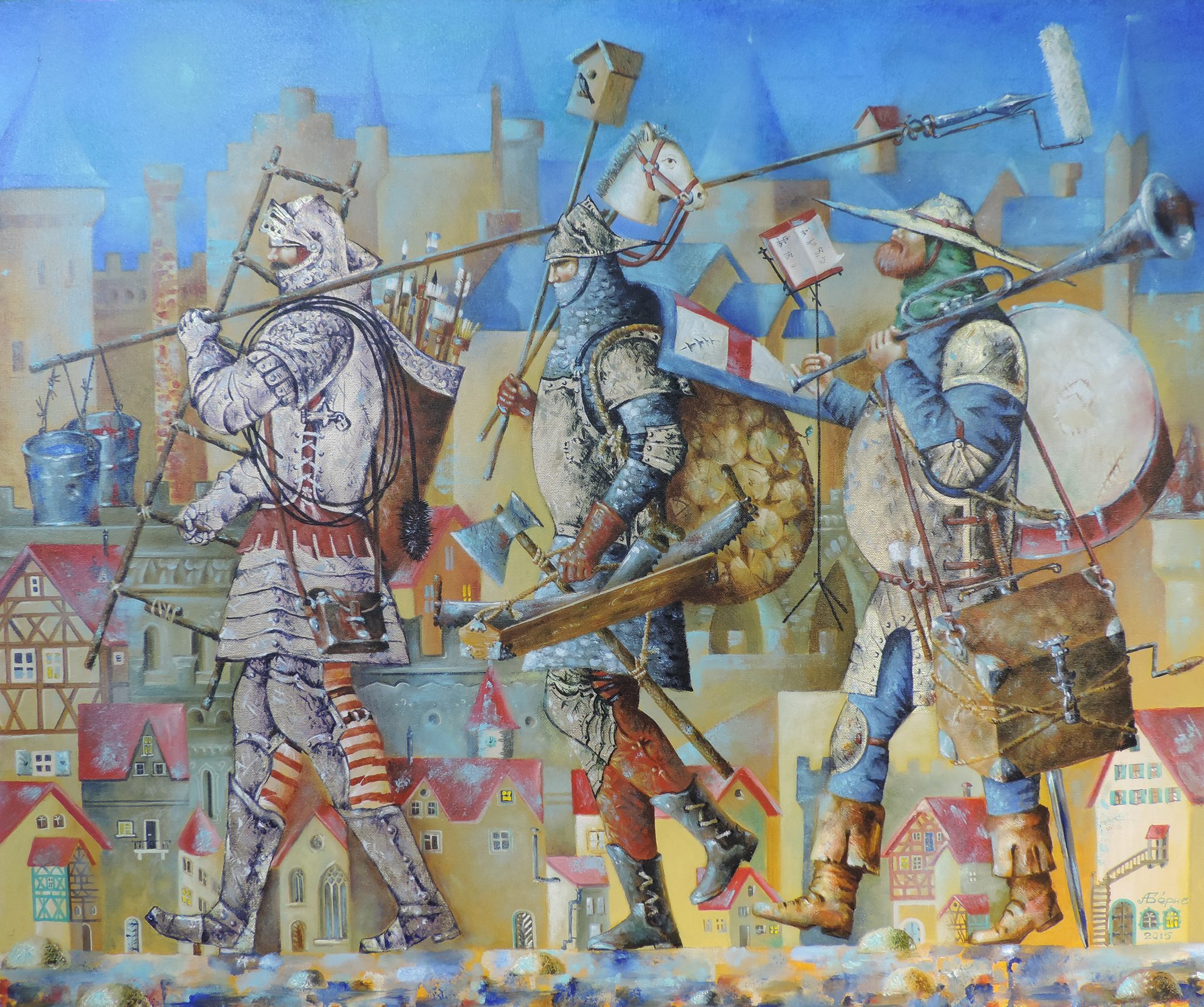 Knights Errant - My, Painting, Modern Art, Art, Oil painting, Author's painting, Canvas, Middle Ages, Painting, Art, Knights, Lock, Axe, Drums, Sword, Arrow, Quiver, Shield, Pipe, Painters, A carpenter