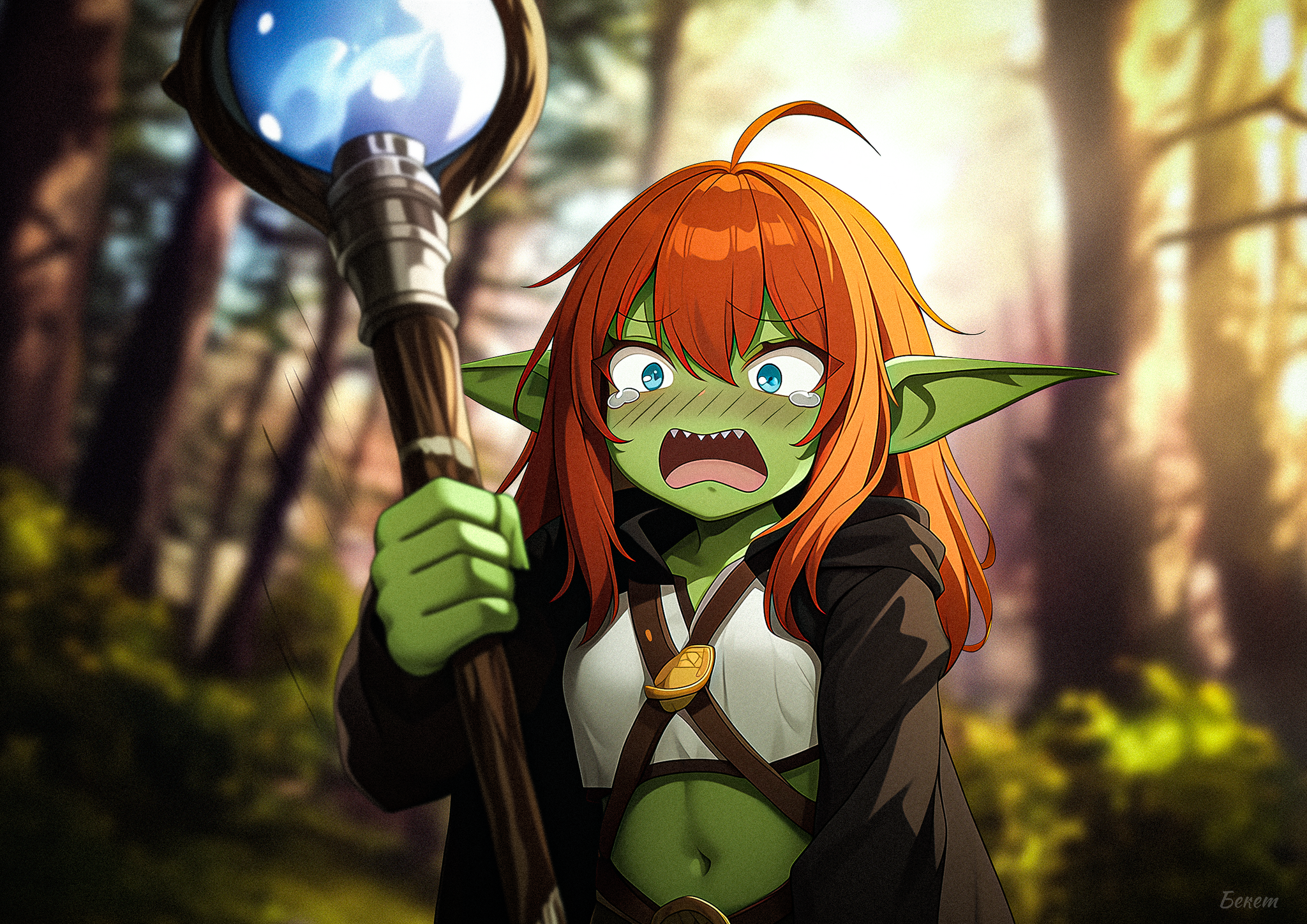 Goblins hold large staffs and long spears. - My, Survey, Нейронные сети, Neural network art, Stable diffusion, Goblins, Goblin-Tian, Midjourney, Anime, Anime art, Original character, Staff, A spear, Video, Soundless, Longpost