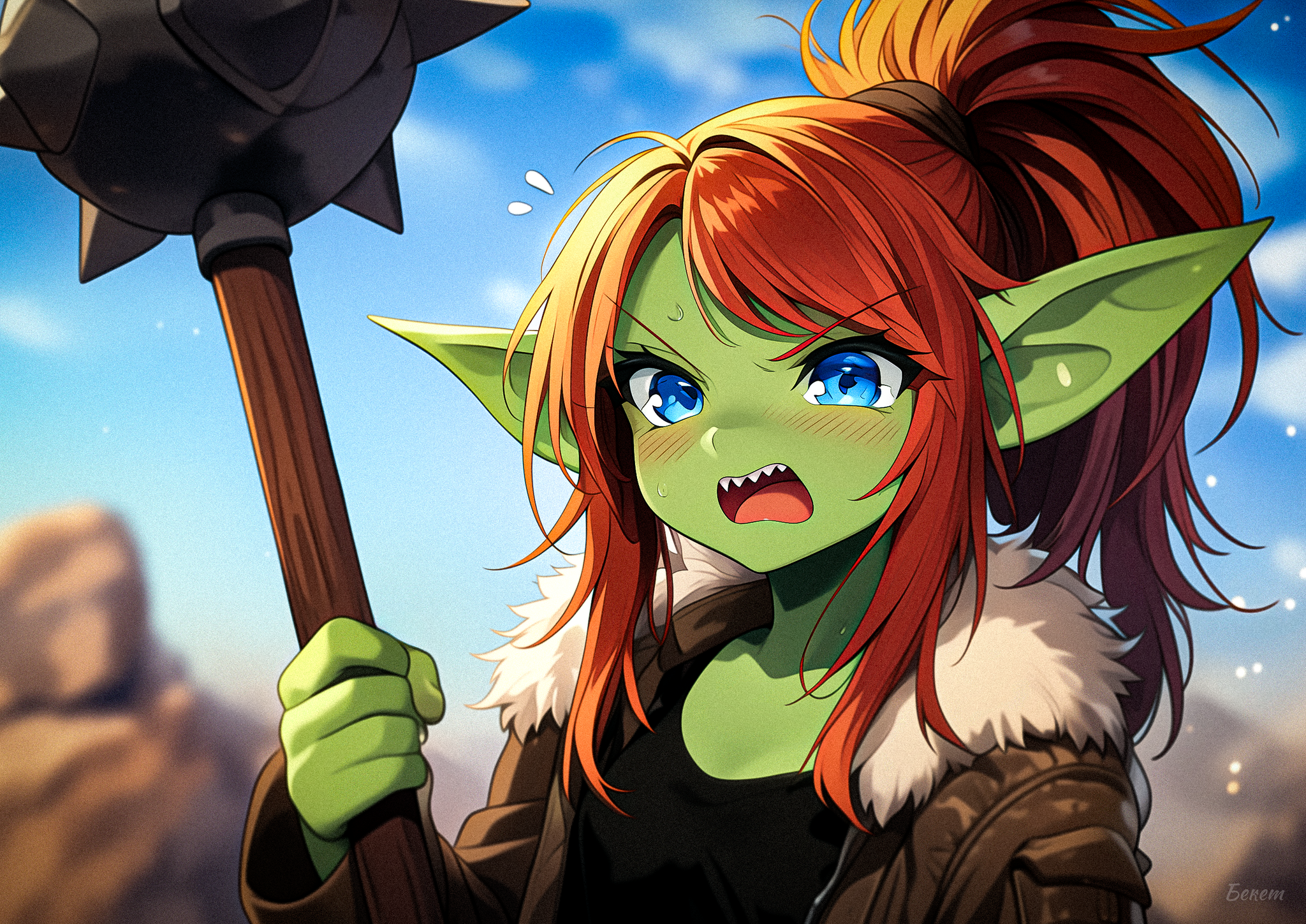 Goblins hold large staffs and long spears. - My, Survey, Нейронные сети, Neural network art, Stable diffusion, Goblins, Goblin-Tian, Midjourney, Anime, Anime art, Original character, Staff, A spear, Video, Soundless, Longpost