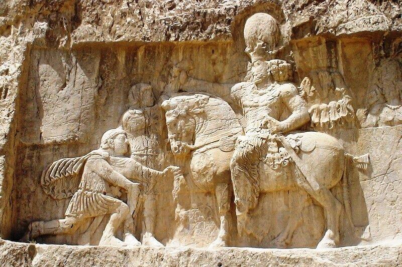 Victorious relief of the Sassanid king (shahanshah) Shapur I in Naqsh-e Rustam, near Persepolis - Ancient Rome, Antiquity, Iran, Bas-relief, Ancient artifacts