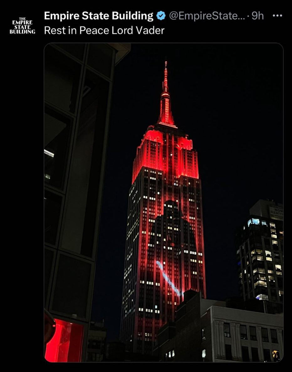 Official Empire State Building account - Darth vader, James Earl Jones, Star Wars, Empire State Building, Obituary