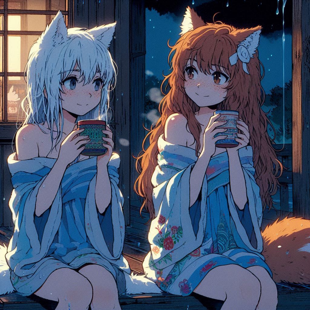 After the bathhouse - My, Art, Neural network art, Нейронные сети, Anime art, Girls, Anime, Original character, Kitsune, Animal ears, Tail, Redheads, Freckles, Bath, Evening, Ginger & White, Longpost