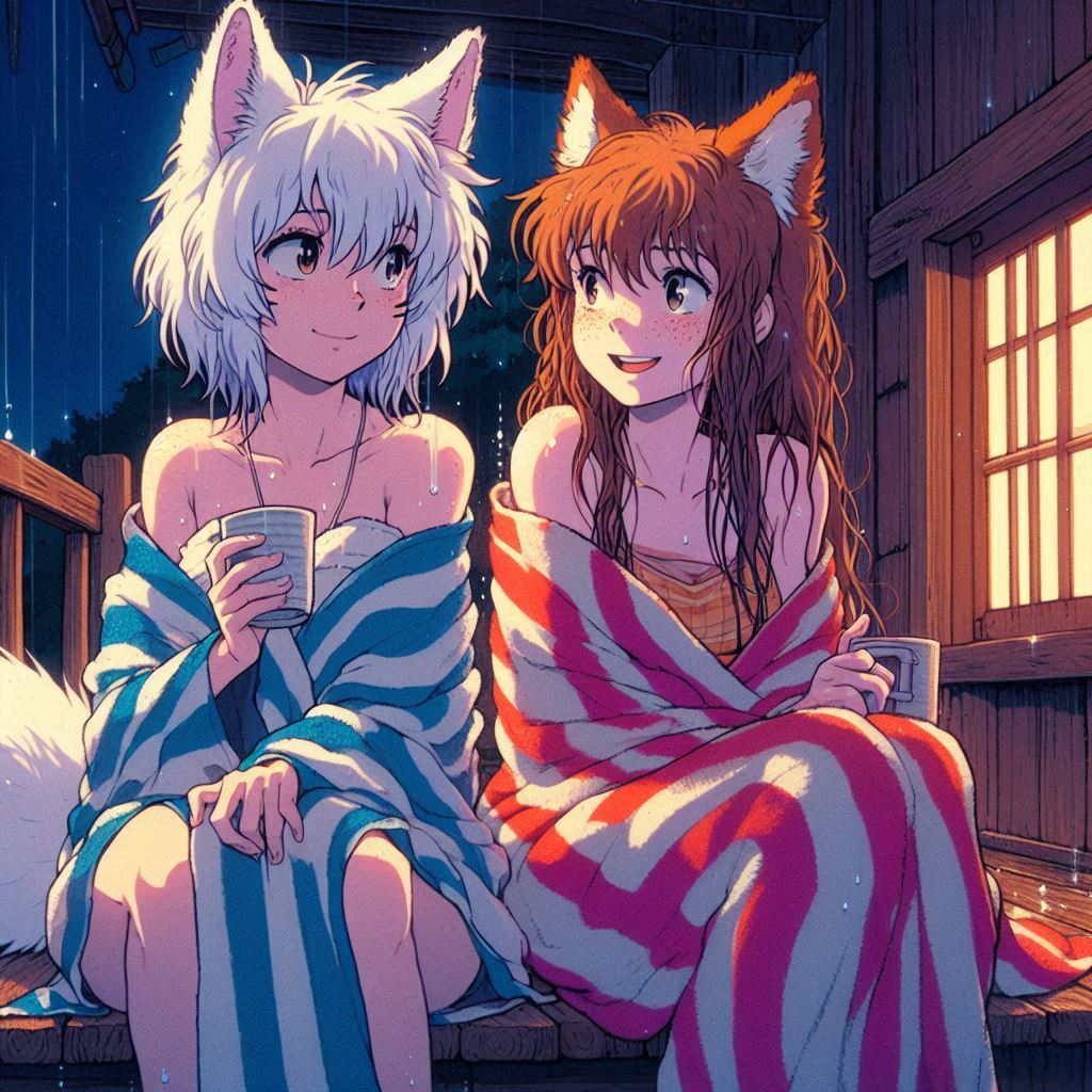 After the bathhouse - My, Art, Neural network art, Нейронные сети, Anime art, Girls, Anime, Original character, Kitsune, Animal ears, Tail, Redheads, Freckles, Bath, Evening, Ginger & White, Longpost