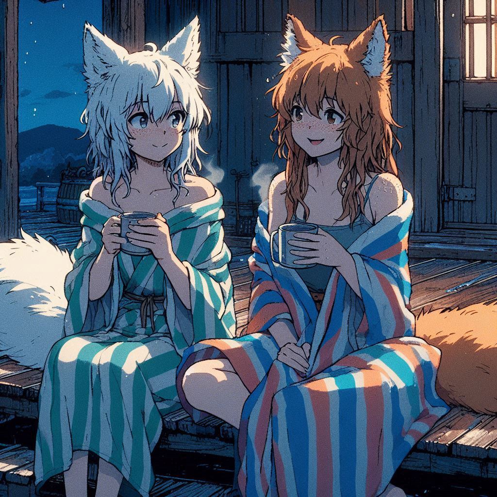 After the bathhouse - My, Art, Neural network art, Нейронные сети, Anime art, Girls, Anime, Original character, Kitsune, Animal ears, Tail, Redheads, Freckles, Bath, Evening, Ginger & White, Longpost