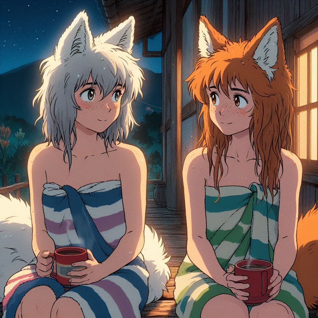 After the bathhouse - My, Art, Neural network art, Нейронные сети, Anime art, Girls, Anime, Original character, Kitsune, Animal ears, Tail, Redheads, Freckles, Bath, Evening, Ginger & White, Longpost