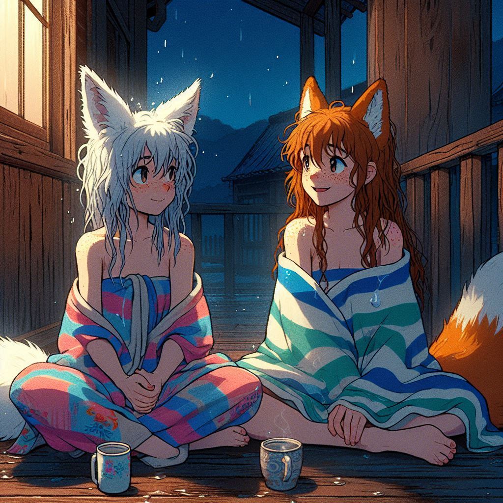 After the bathhouse - My, Art, Neural network art, Нейронные сети, Anime art, Girls, Anime, Original character, Kitsune, Animal ears, Tail, Redheads, Freckles, Bath, Evening, Ginger & White, Longpost