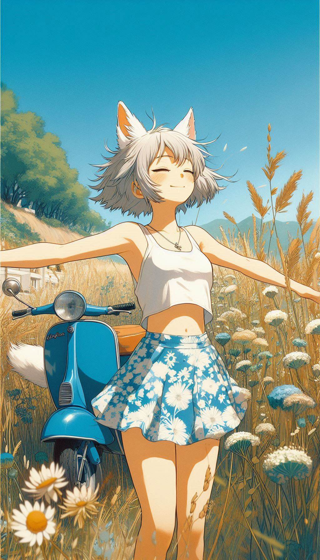 Chanterelles for phone v4 - My, Art, Neural network art, Нейронные сети, Anime art, Girls, Anime, Original character, Kitsune, Animal ears, Tail, Phone wallpaper, Ginger & White, Longpost