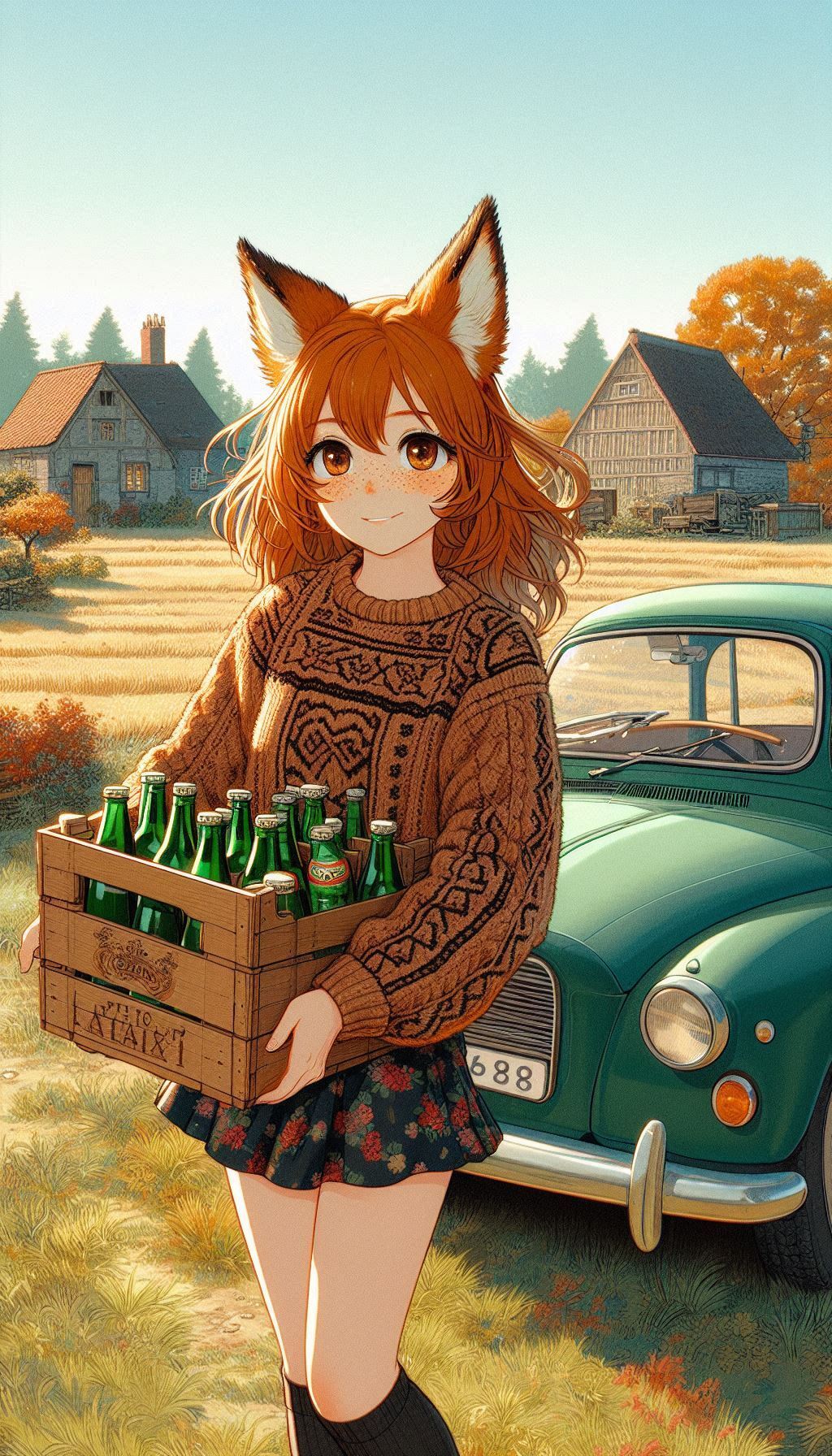 Chanterelles for phone v4 - My, Art, Neural network art, Нейронные сети, Anime art, Girls, Anime, Original character, Kitsune, Animal ears, Tail, Phone wallpaper, Ginger & White, Longpost