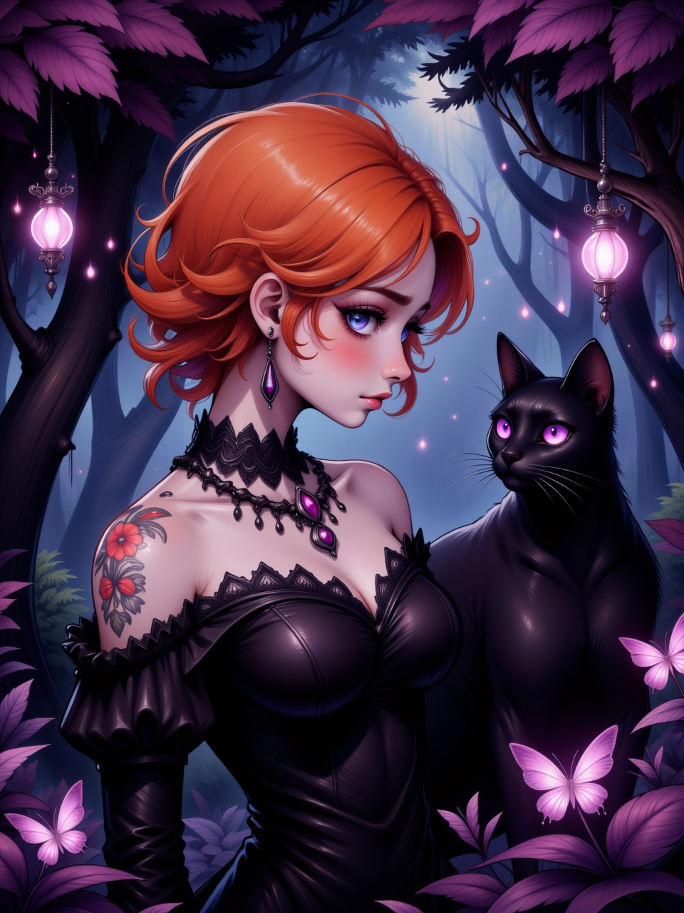 Neurotyanki #30 - My, Anime, Anime art, Neural network art, Flux, Original character, Нейронные сети, Stable diffusion, Redheads, Witches, Black cat, Longpost