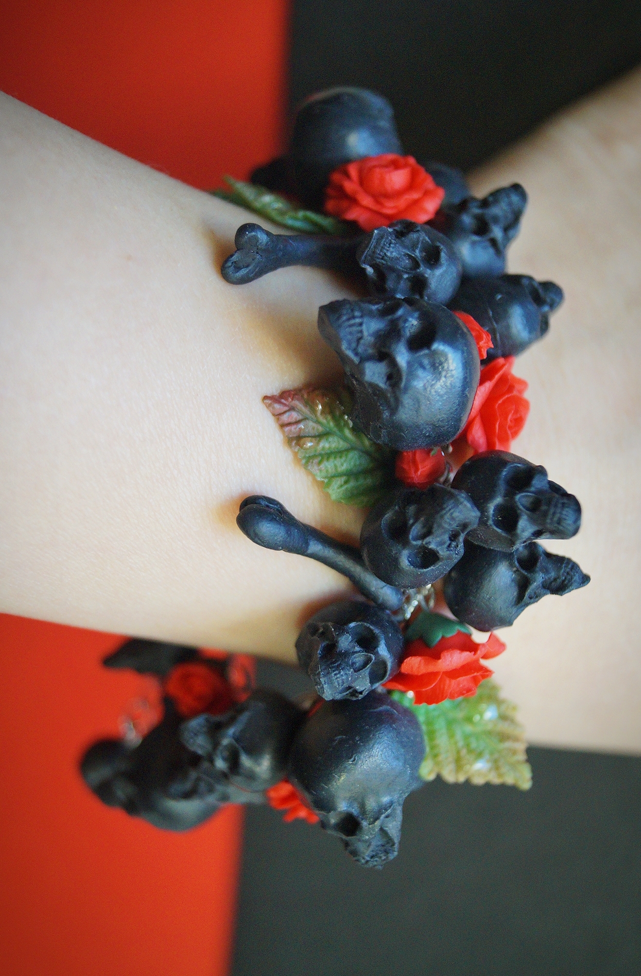 Skull and flower jewelry) - My, Polymer clay, Needlework without process, Scull, the Rose, Longpost