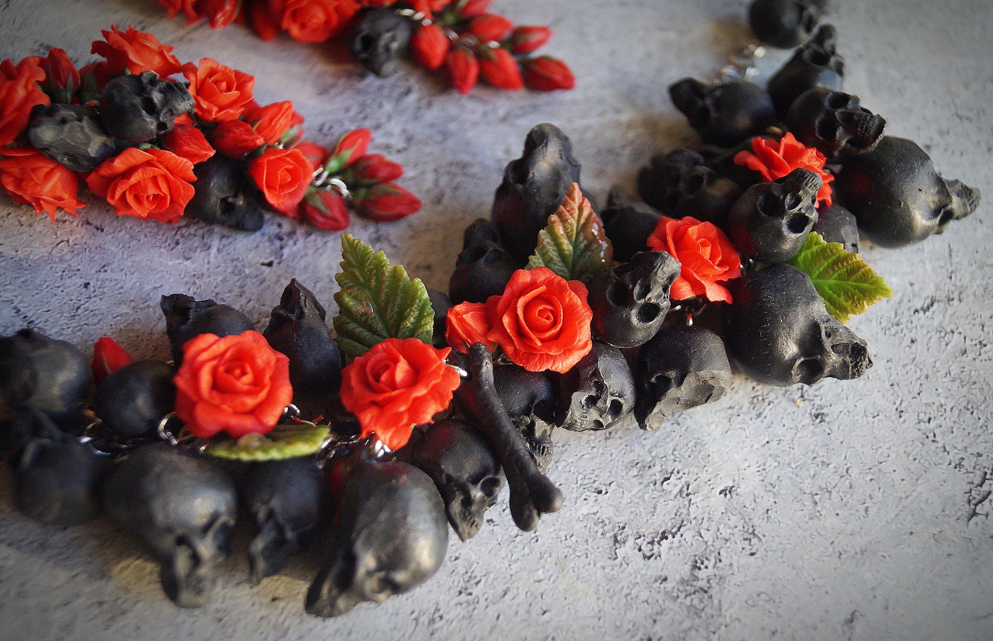 Skull and flower jewelry) - My, Polymer clay, Needlework without process, Scull, the Rose, Longpost