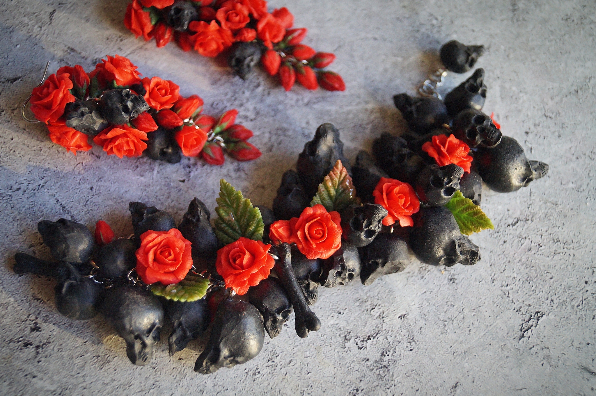 Skull and flower jewelry) - My, Polymer clay, Needlework without process, Scull, the Rose, Longpost