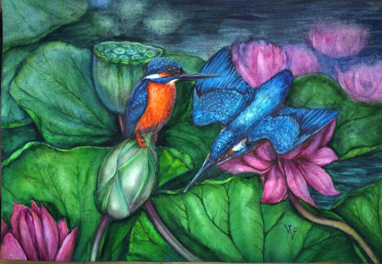 Lotuses and kingfishers are symbols of peace, health and well-being - Crossposting, Pikabu publish bot, Watercolor, Lotus, Kingfisher, Flowers, Birds, Art, Creation