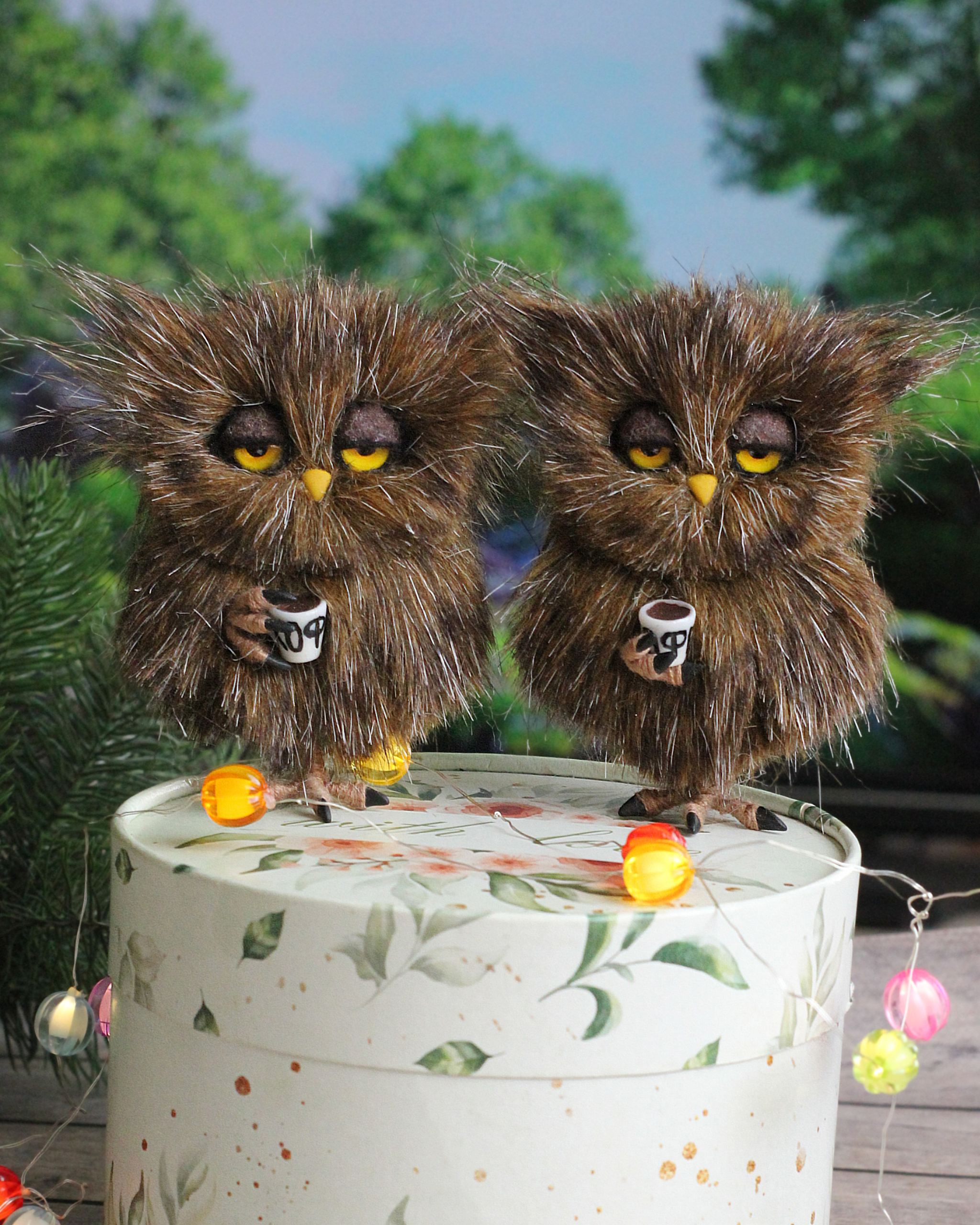 Two sleepy owls - My, Needlework without process, Handmade, Owl, Artificial fur, Author's toy, Interior toy