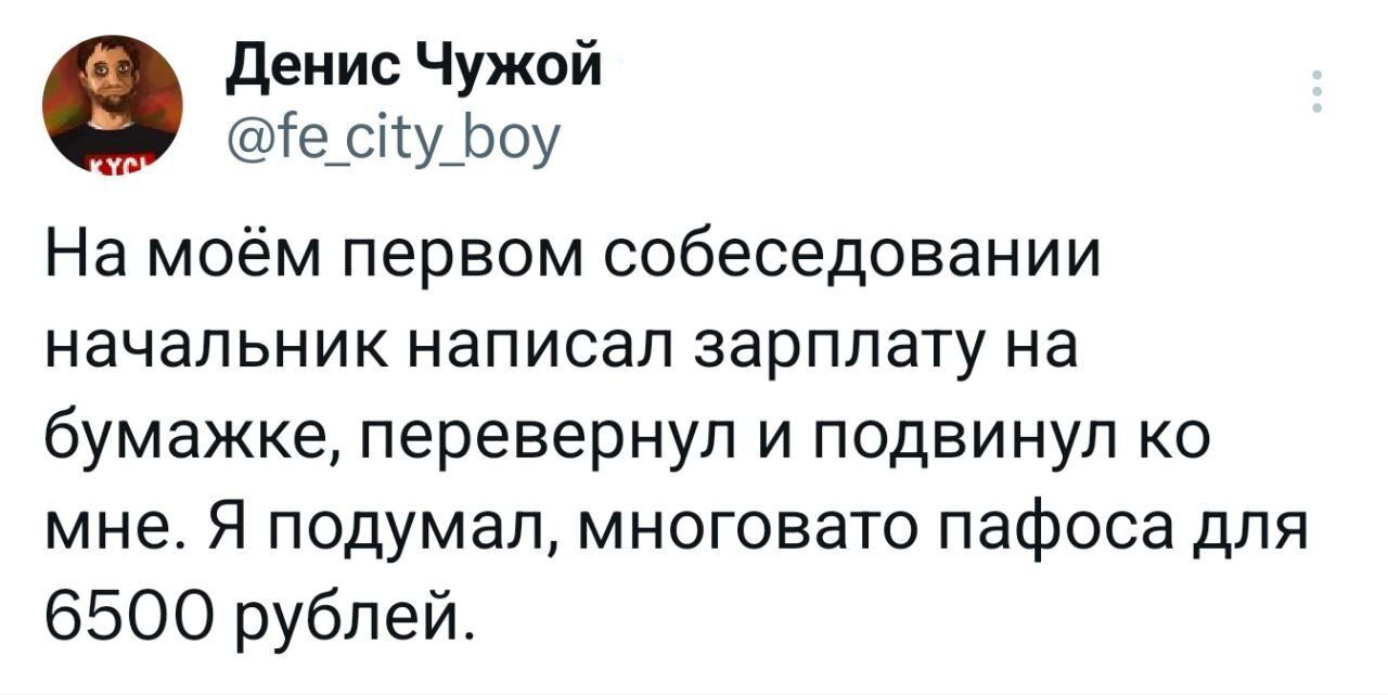 То самое первое собеседование в шаражкину контору: - Собеседование, Карьера, Профессия, Скриншот, Юмор, Зарплата, Пафос, Денис Чужой, Twitter