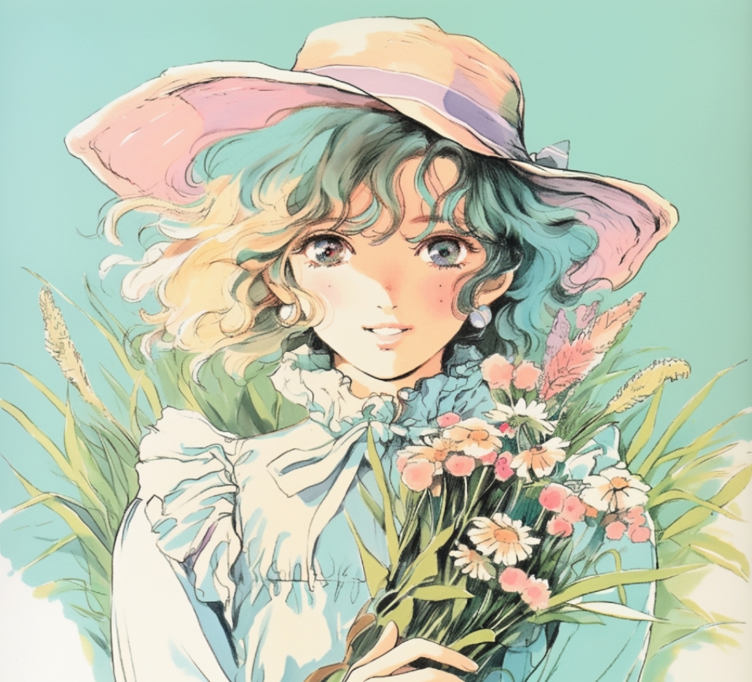 Anime art: With a bouquet of wild flowers - My, Neural network art, Art, Anime art, Girls, Flowers, Colorful hair, Bouquet, Wildflowers, Longpost