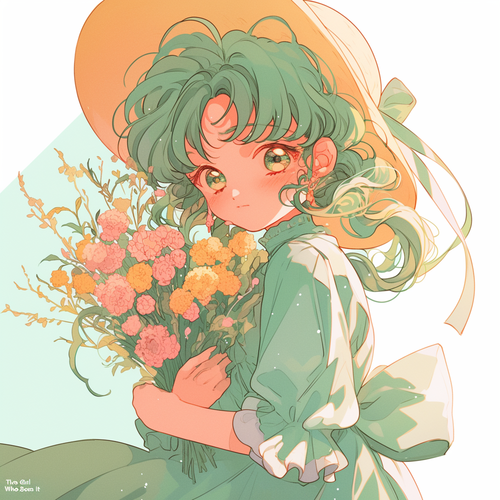 Anime art: With a bouquet of wild flowers - My, Neural network art, Art, Anime art, Girls, Flowers, Colorful hair, Bouquet, Wildflowers, Longpost