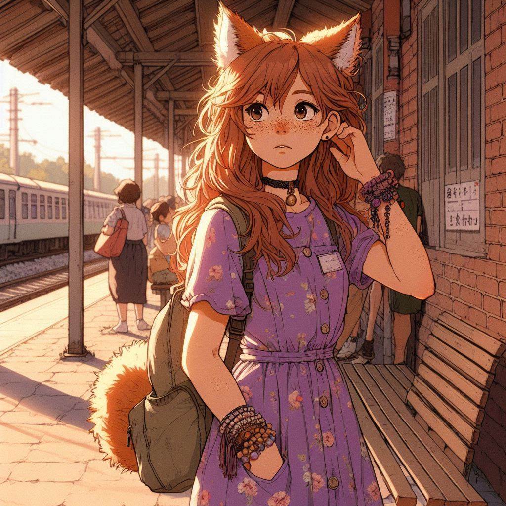 Встреча с мамой - Моё, Арты нейросетей, Арт, Anime Art, Нейронные сети, Animal Ears, Девушки, Аниме, Original Character, Кицунэ, Хвост, Рыжие, Веснушки, Поездка, Встреча, Ginger & White, Длиннопост