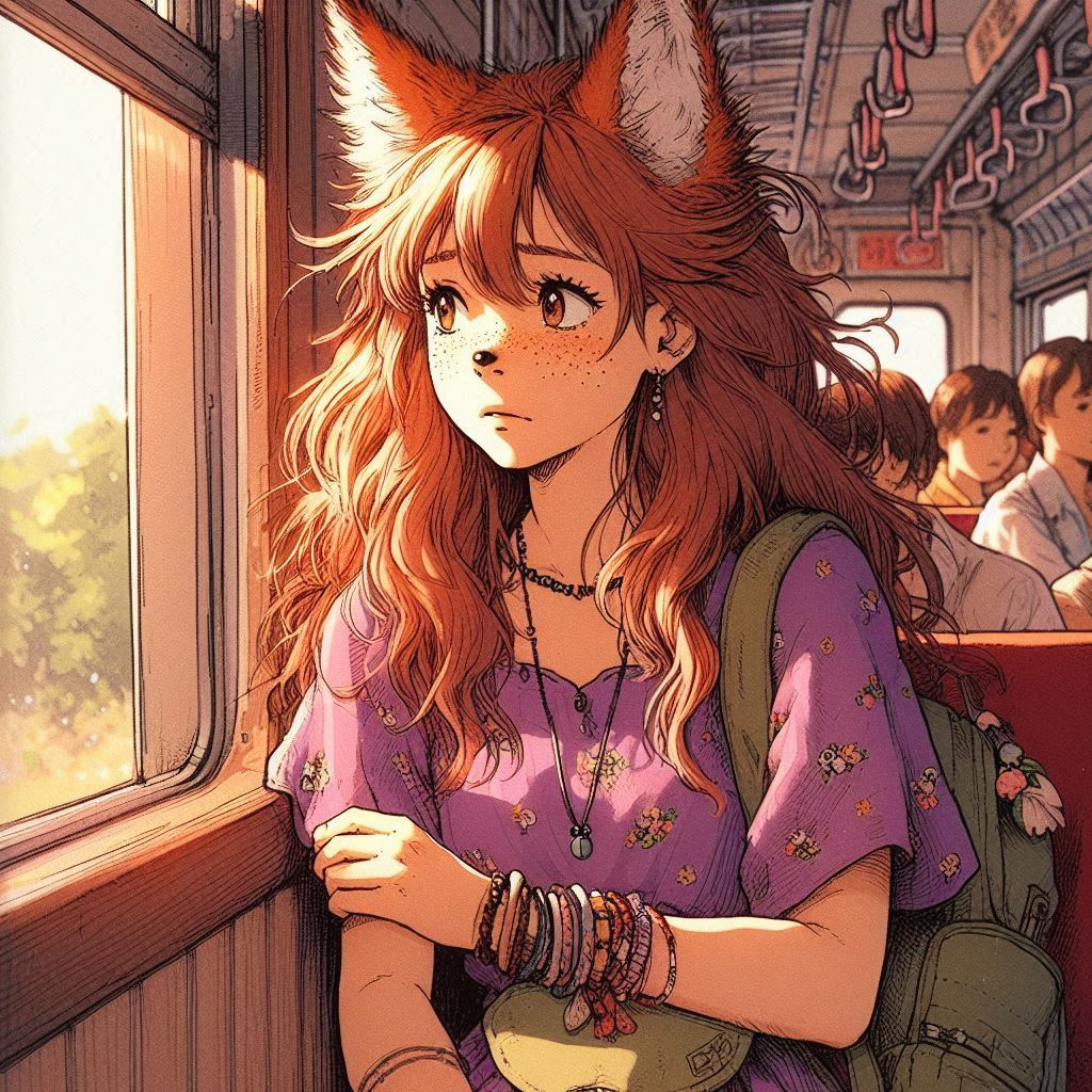 Встреча с мамой - Моё, Арты нейросетей, Арт, Anime Art, Нейронные сети, Animal Ears, Девушки, Аниме, Original Character, Кицунэ, Хвост, Рыжие, Веснушки, Поездка, Встреча, Ginger & White, Длиннопост