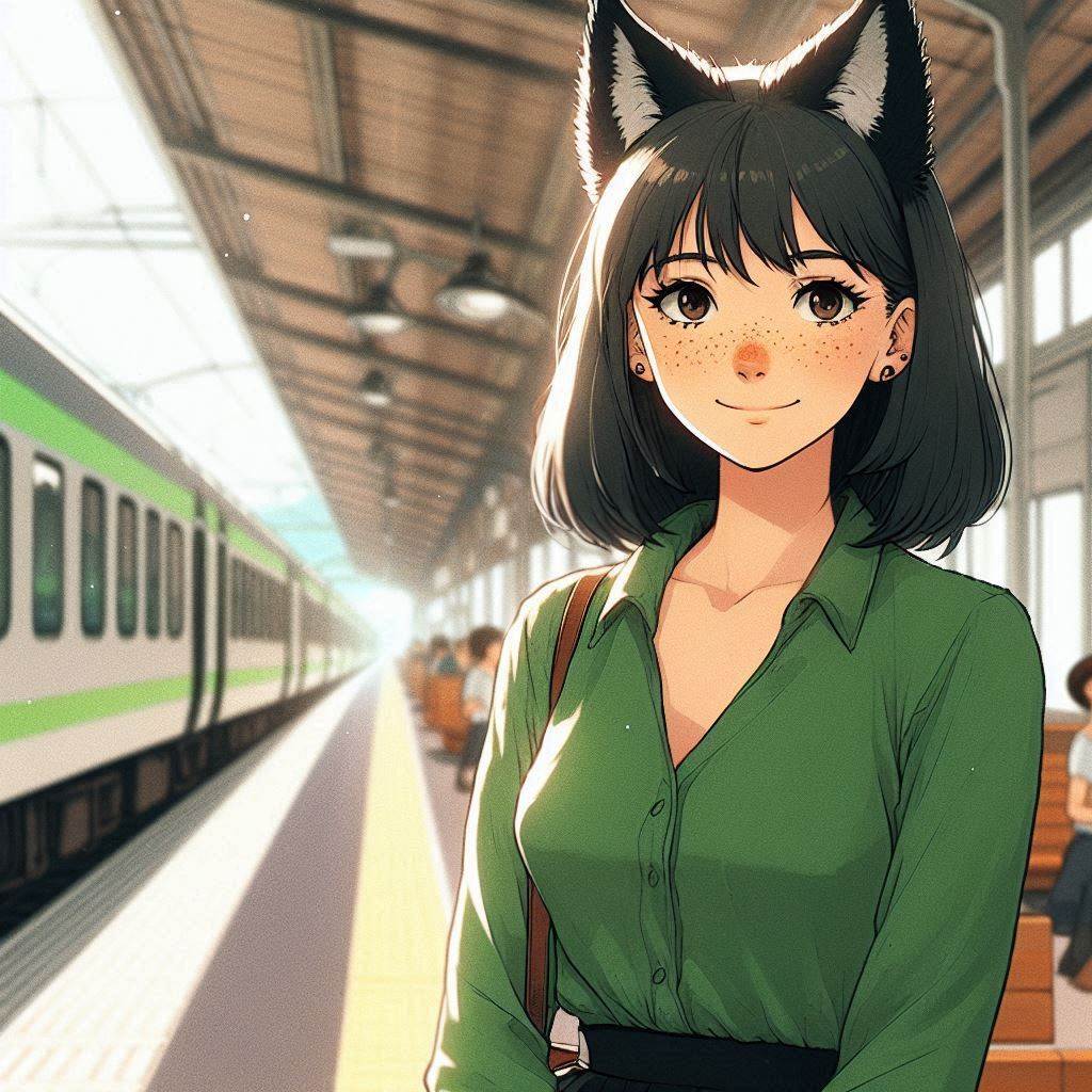 Встреча с мамой - Моё, Арты нейросетей, Арт, Anime Art, Нейронные сети, Animal Ears, Девушки, Аниме, Original Character, Кицунэ, Хвост, Рыжие, Веснушки, Поездка, Встреча, Ginger & White, Длиннопост