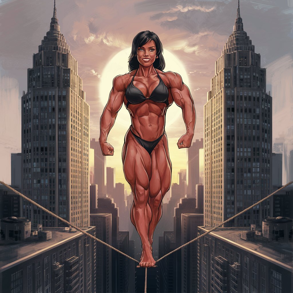 Do you like to imagine your heroine doing almost impossible stunts? - Strong girl, Bodybuilders, Tightrope walker, Impossible, Deadly Stunt, Extreme muscles, Neural network art, Muscleart