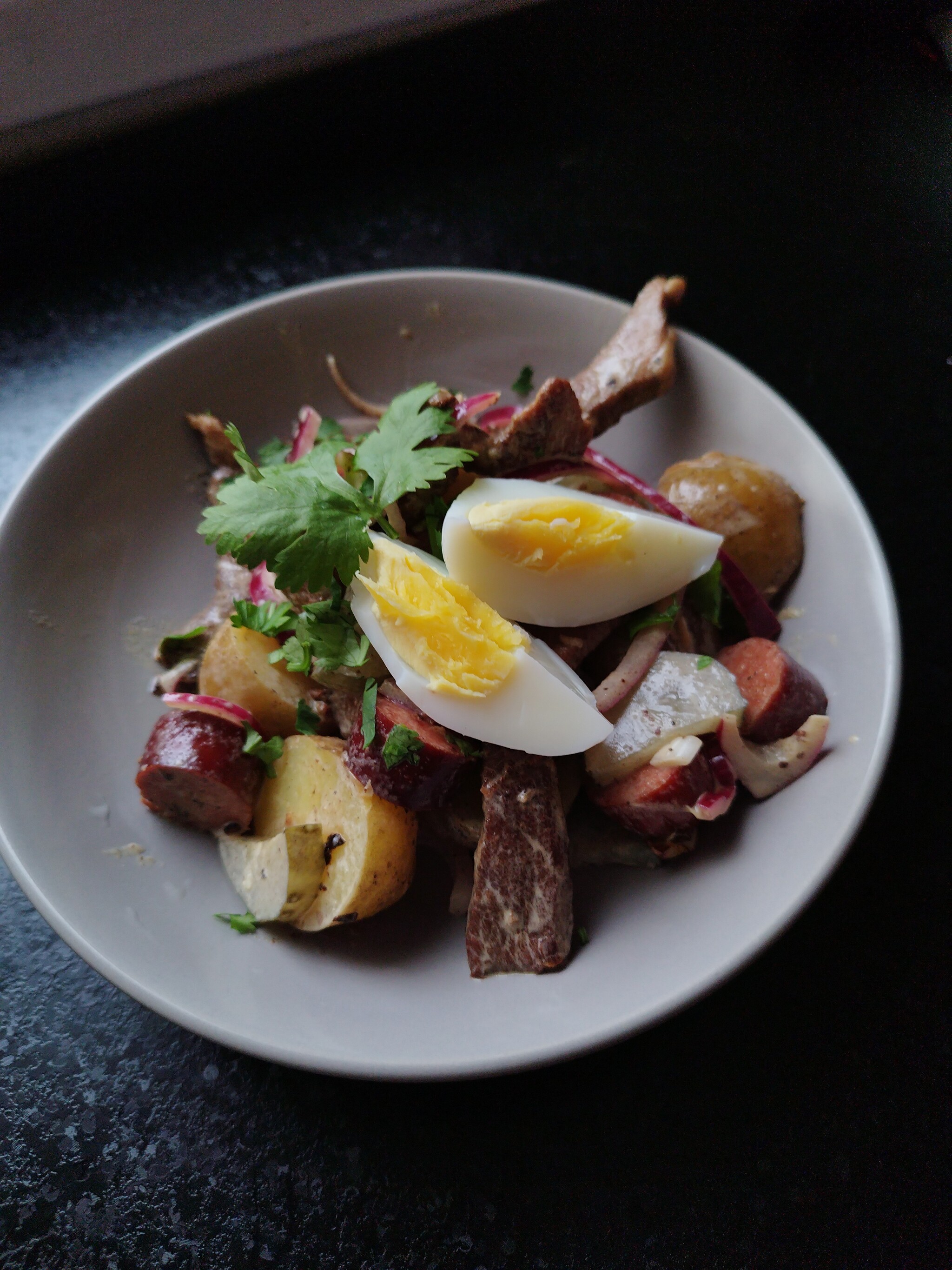 Axe porridge: hunter's salad with smoked sausages and pork - My, Food, Cooking, Recipe, Saving, Budgetary, Salad, Ax porridge, Longpost