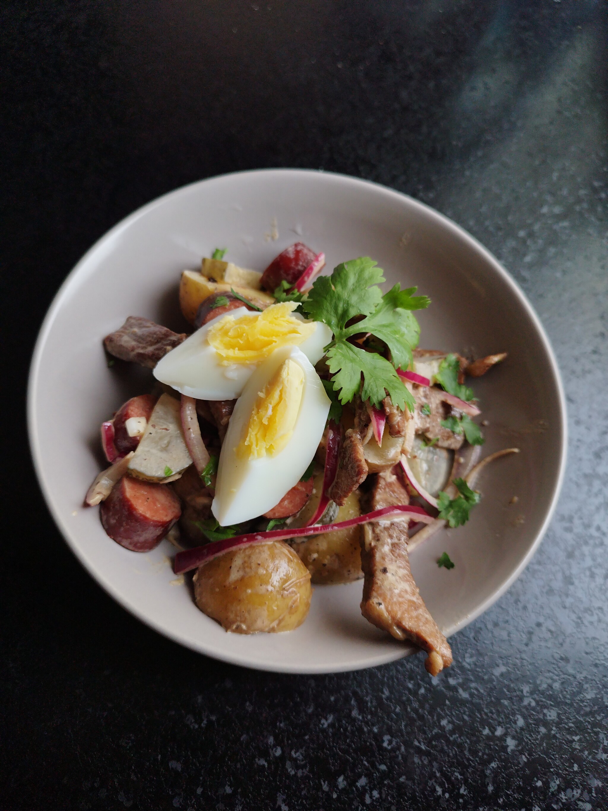 Axe porridge: hunter's salad with smoked sausages and pork - My, Food, Cooking, Recipe, Saving, Budgetary, Salad, Ax porridge, Longpost