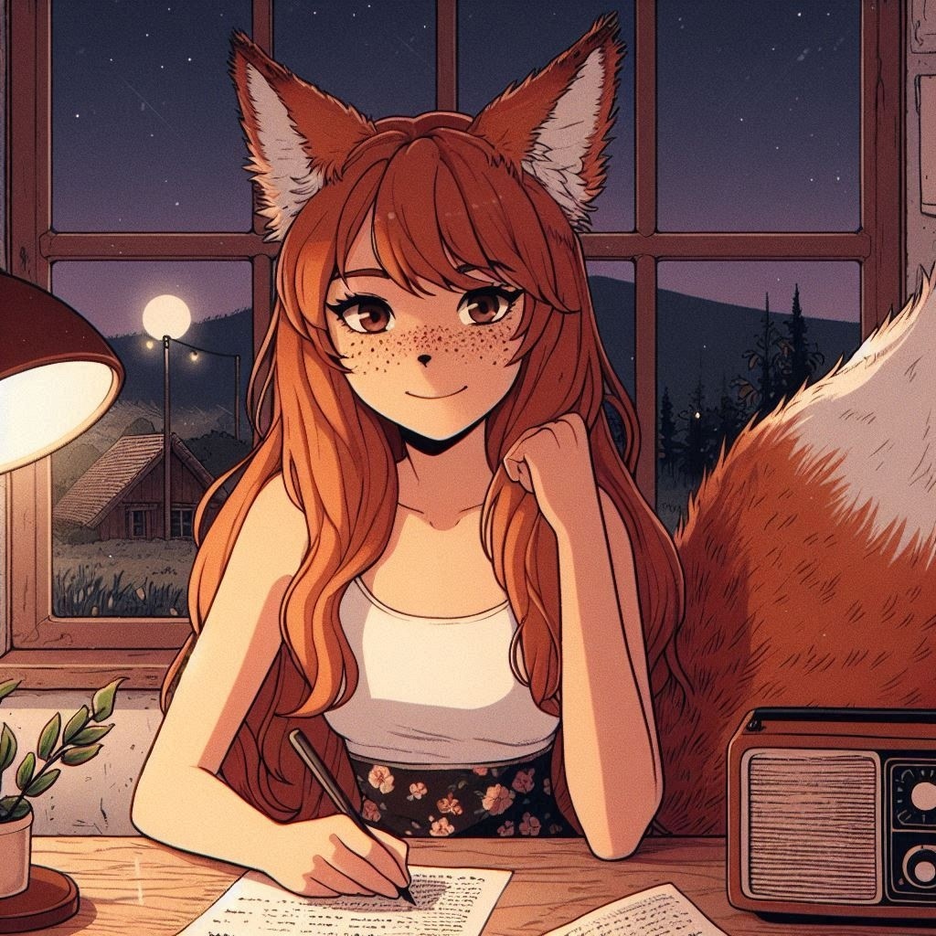 Letter to Mom - My, Neural network art, Art, Anime art, Girls, Нейронные сети, Anime, Original character, Kitsune, Animal ears, Tail, Redheads, Freckles, Letter, Ginger & White, Longpost