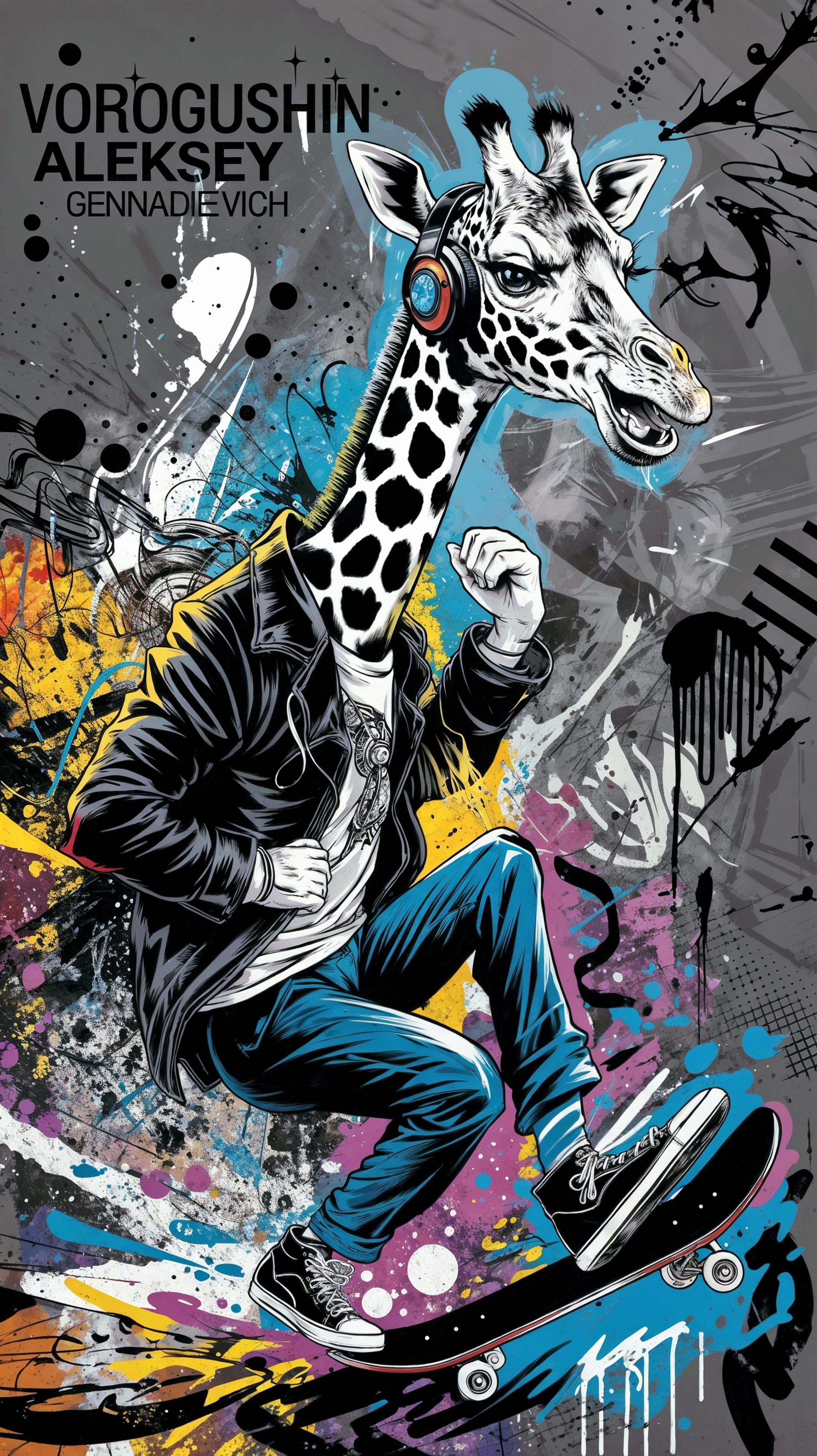 Contemporary artist: Vorogushin Alexey Gennadievich. Giraffe in music headphones and on a skateboard in street style - My, Нейронные сети, Digital, Desktop wallpaper, Neural network art, Phone wallpaper, Art, Street art, Dall-e, Art, Computer graphics, Modern Art, Graffiti, Giraffe, Digital drawing, Artificial Intelligence, Cover, Longpost