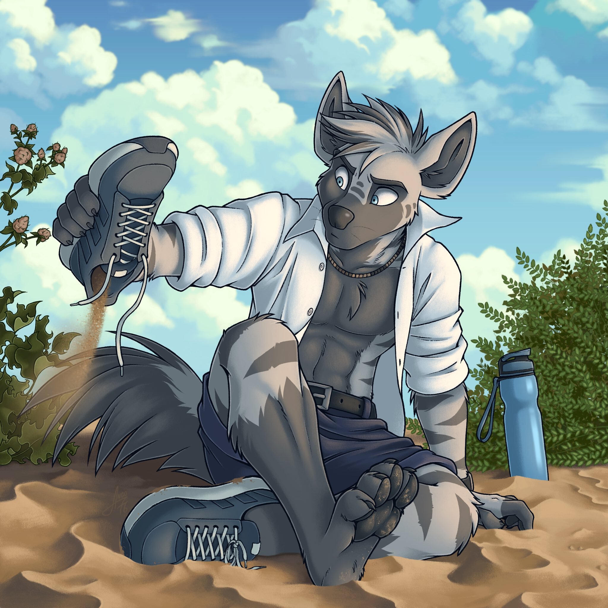 Sand - Furry, Ango76, Furry hyena, Furry canine, Beach, Sand, Sneakers, Furry art, Art