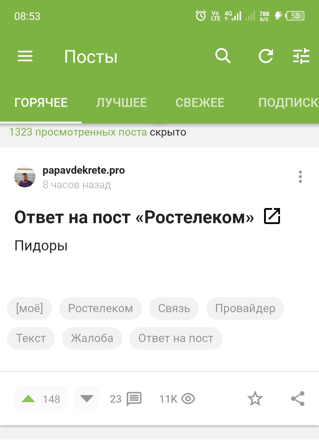 Ответ papavdekrete.pro в «Ростелеком» - Ростелеком, Связь, Провайдер, Жалоба, Мат, Ответ на пост, Скриншот, Посты на Пикабу, Волна постов