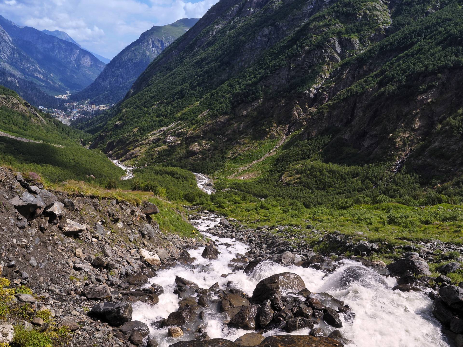 View of Dombay from Sufrudzhinsky waterfalls - My, The mountains, Travels, Mountain tourism, Landscape, The photo, The rocks, River, Dombay, Caucasus, Summer, Beautiful view