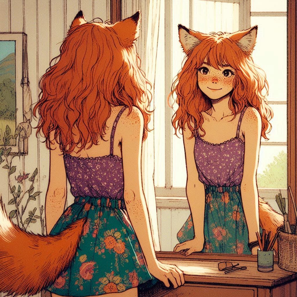 Letter to Mom - My, Neural network art, Art, Anime art, Girls, Нейронные сети, Anime, Original character, Kitsune, Animal ears, Tail, Redheads, Freckles, Letter, Ginger & White, Longpost