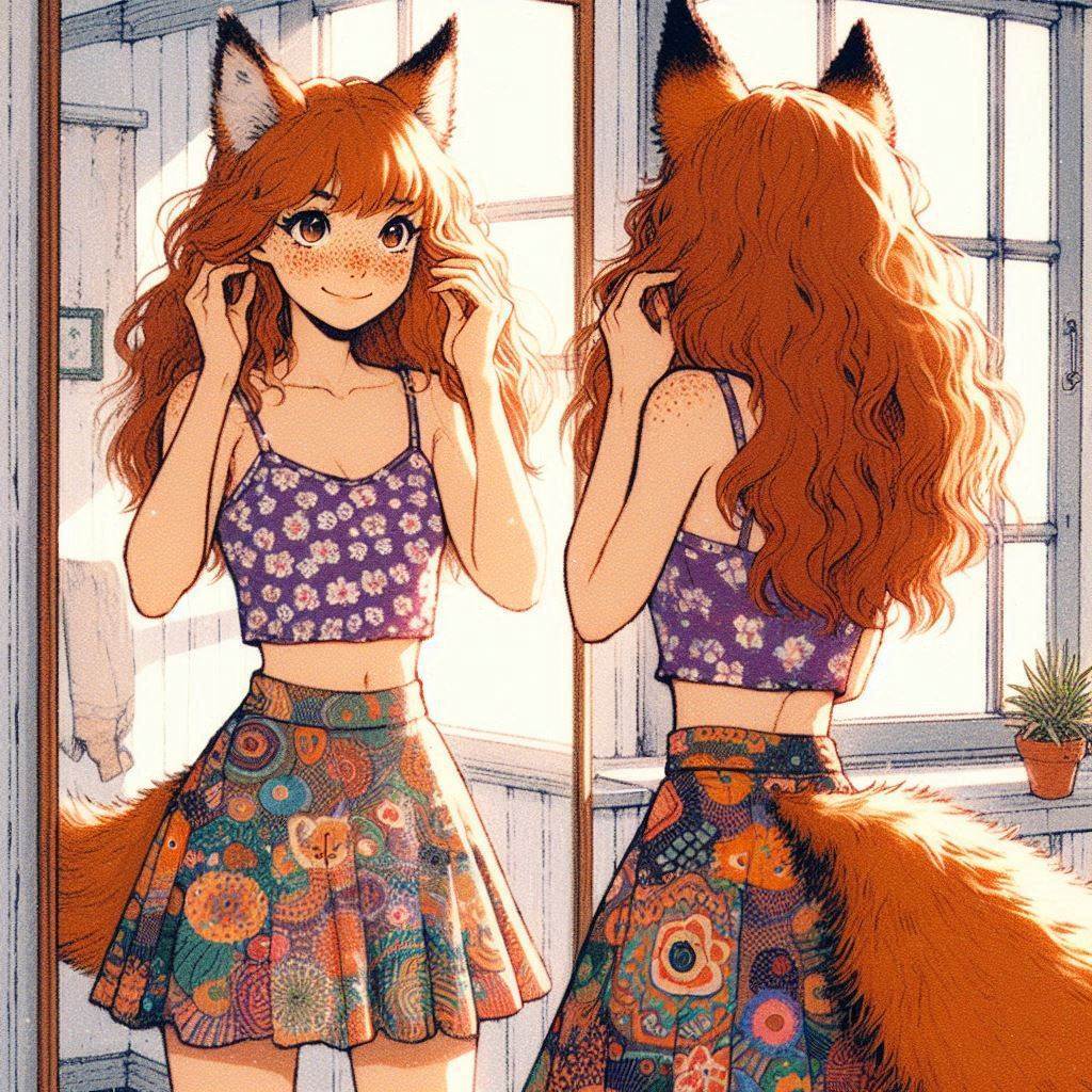 Letter to Mom - My, Neural network art, Art, Anime art, Girls, Нейронные сети, Anime, Original character, Kitsune, Animal ears, Tail, Redheads, Freckles, Letter, Ginger & White, Longpost