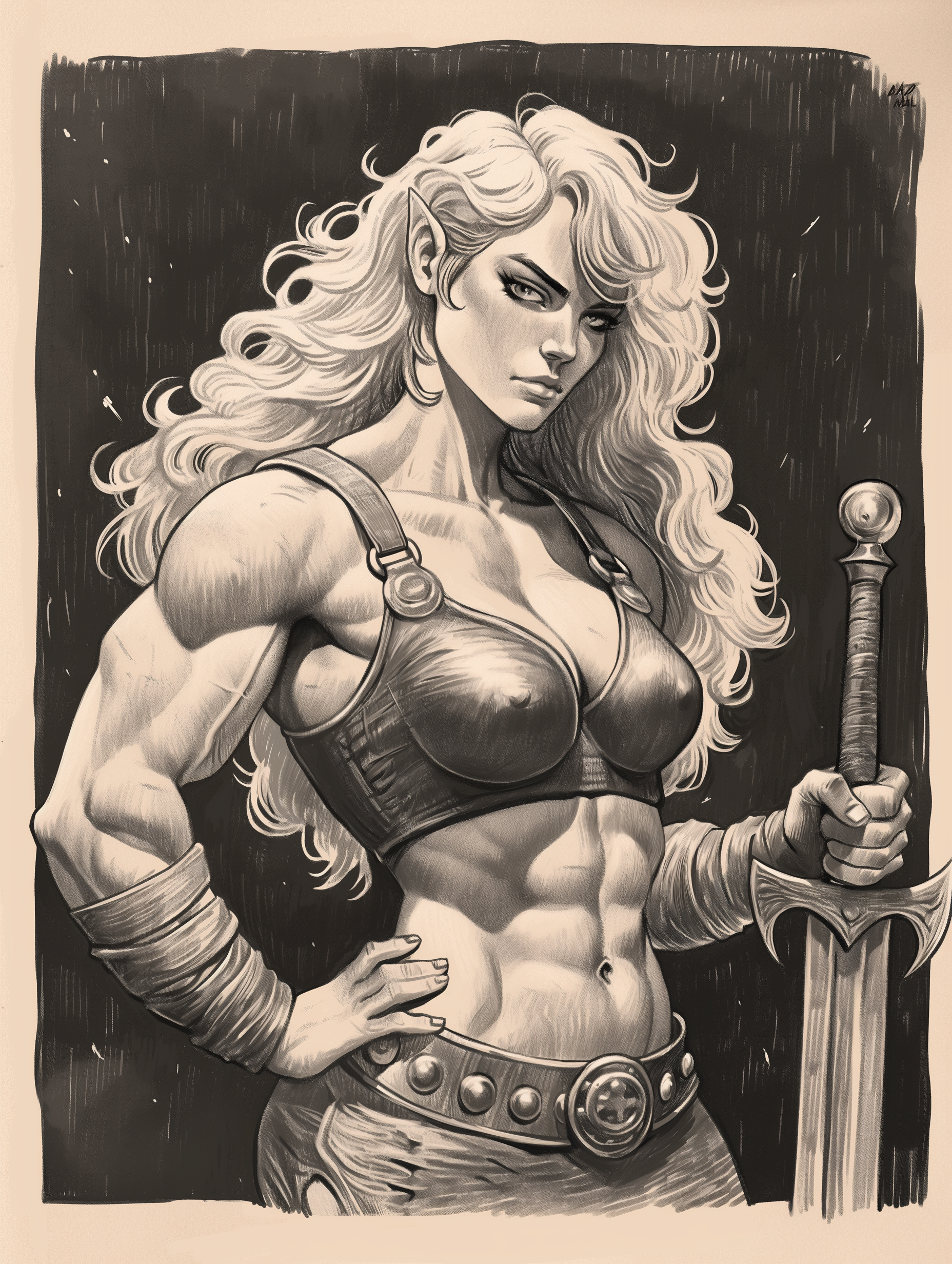 Varvara the Elf - My, Neural network art, Midjourney, Pinanoc, Barbarian, Barbarian, Barbara, Girls, Strong girl, Elves, Press, Muscle, Dungeons & dragons