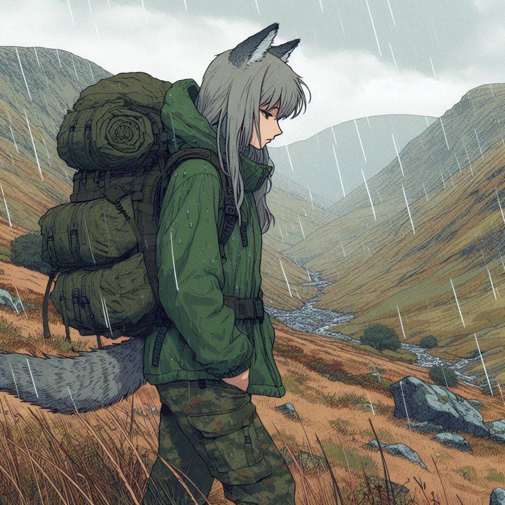 Helga and the Difficult Crossing - My, Neural network art, Нейронные сети, Art, Anime art, Girls, Anime, Original character, Animal ears, Tail, Hike, Bad weather, Snow, The mountains, Autumn, Ginger & White, Longpost