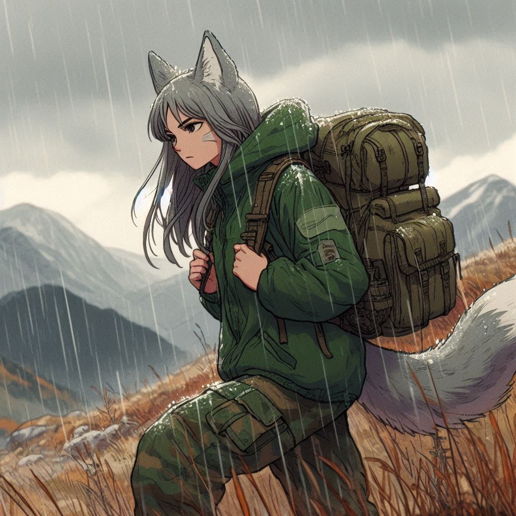 Helga and the Difficult Crossing - My, Neural network art, Нейронные сети, Art, Anime art, Girls, Anime, Original character, Animal ears, Tail, Hike, Bad weather, Snow, The mountains, Autumn, Ginger & White, Longpost