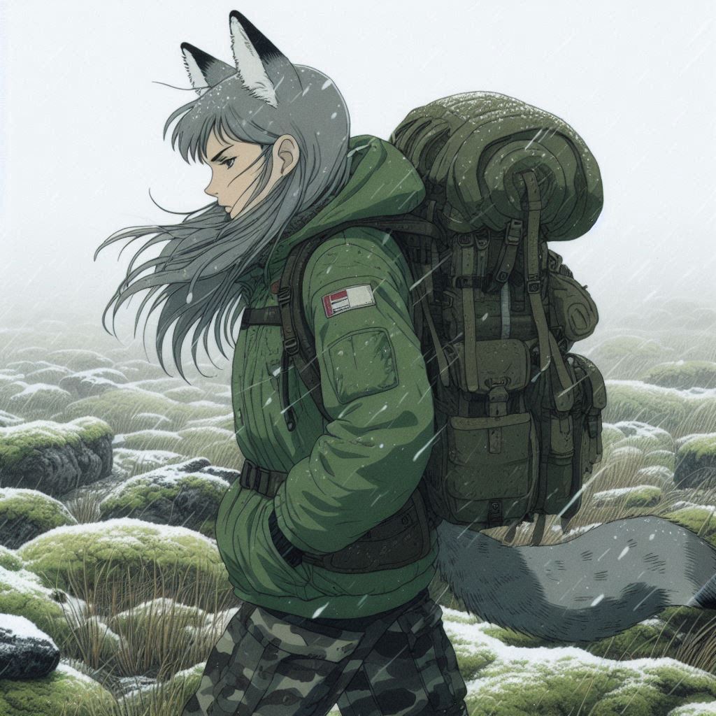 Helga and the Difficult Crossing - My, Neural network art, Нейронные сети, Art, Anime art, Girls, Anime, Original character, Animal ears, Tail, Hike, Bad weather, Snow, The mountains, Autumn, Ginger & White, Longpost