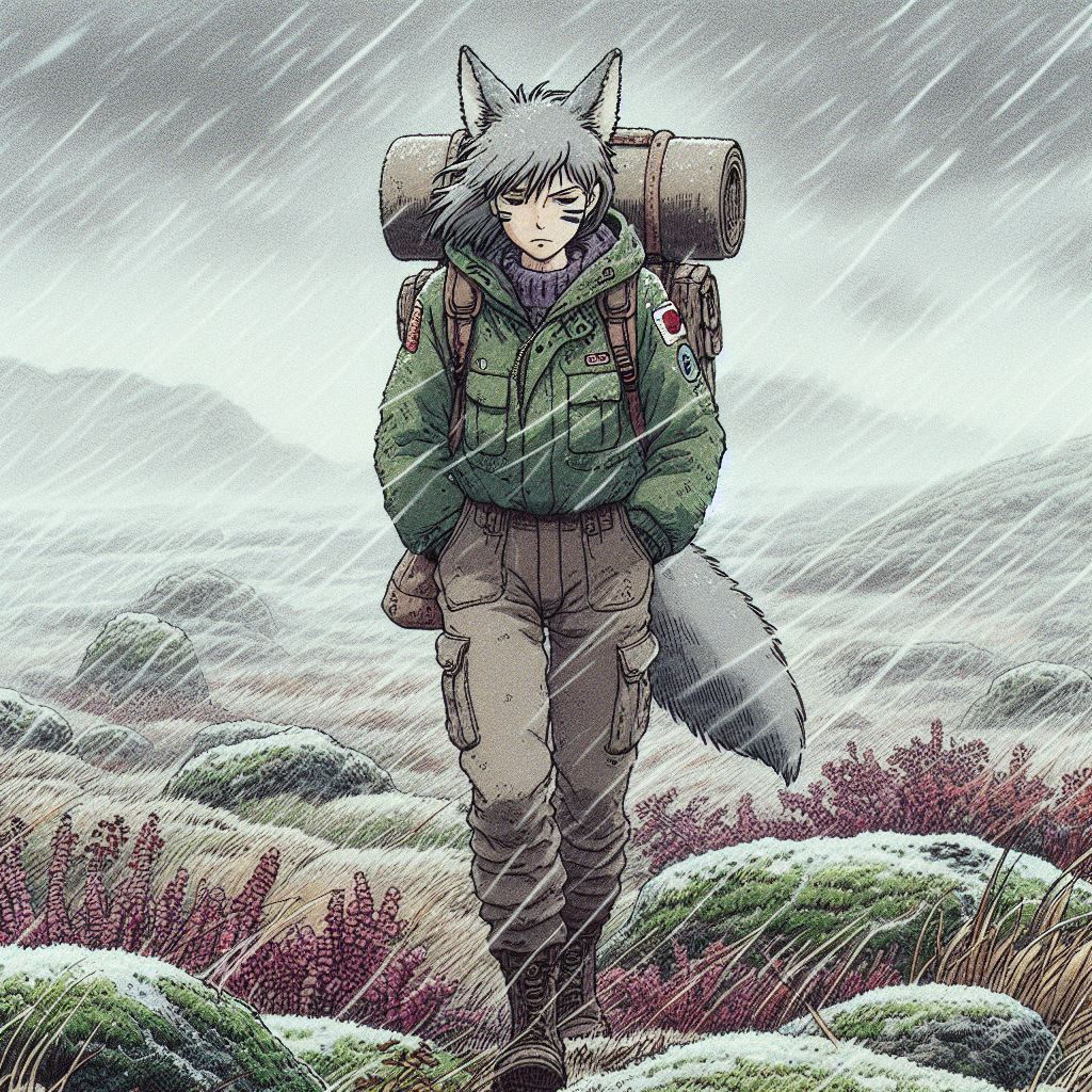 Helga and the Difficult Crossing - My, Neural network art, Нейронные сети, Art, Anime art, Girls, Anime, Original character, Animal ears, Tail, Hike, Bad weather, Snow, The mountains, Autumn, Ginger & White, Longpost