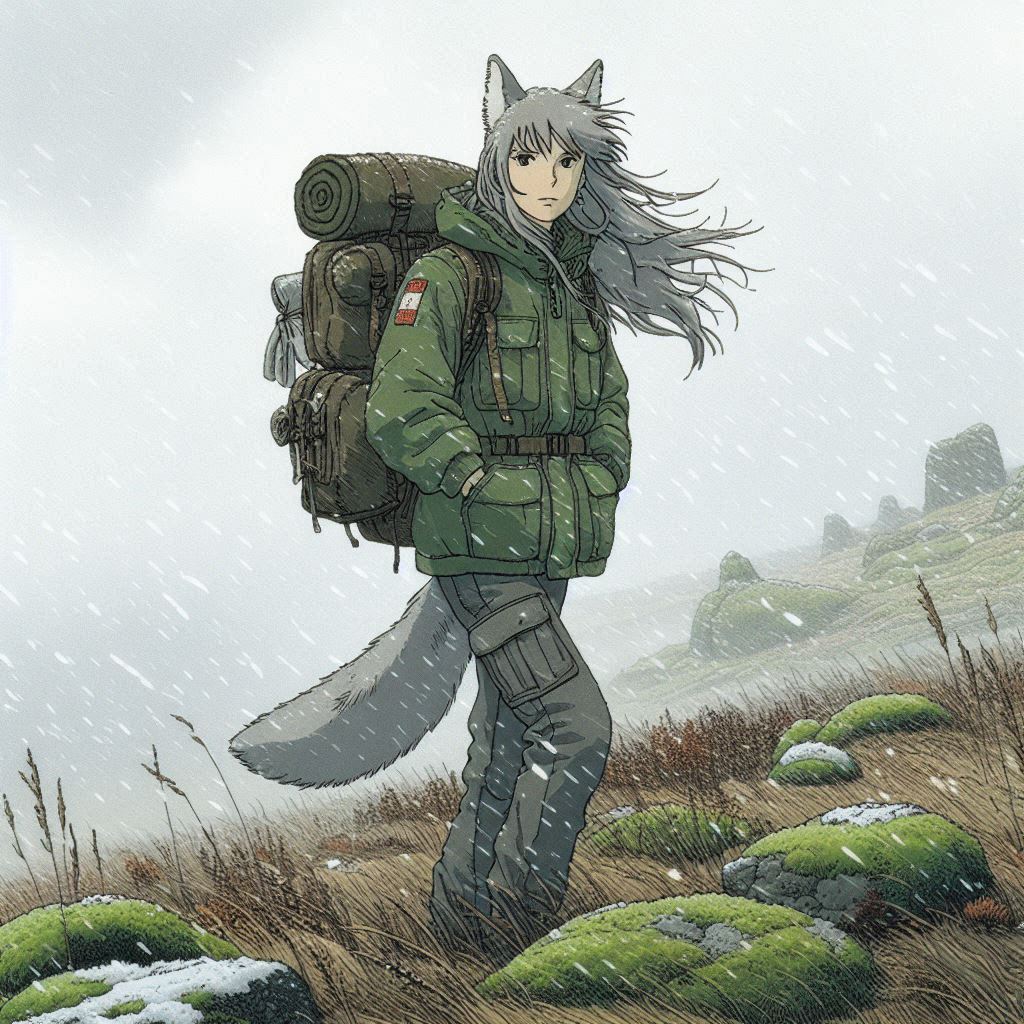 Helga and the Difficult Crossing - My, Neural network art, Нейронные сети, Art, Anime art, Girls, Anime, Original character, Animal ears, Tail, Hike, Bad weather, Snow, The mountains, Autumn, Ginger & White, Longpost