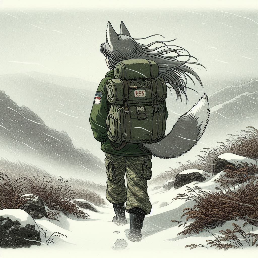 Helga and the Difficult Crossing - My, Neural network art, Нейронные сети, Art, Anime art, Girls, Anime, Original character, Animal ears, Tail, Hike, Bad weather, Snow, The mountains, Autumn, Ginger & White, Longpost